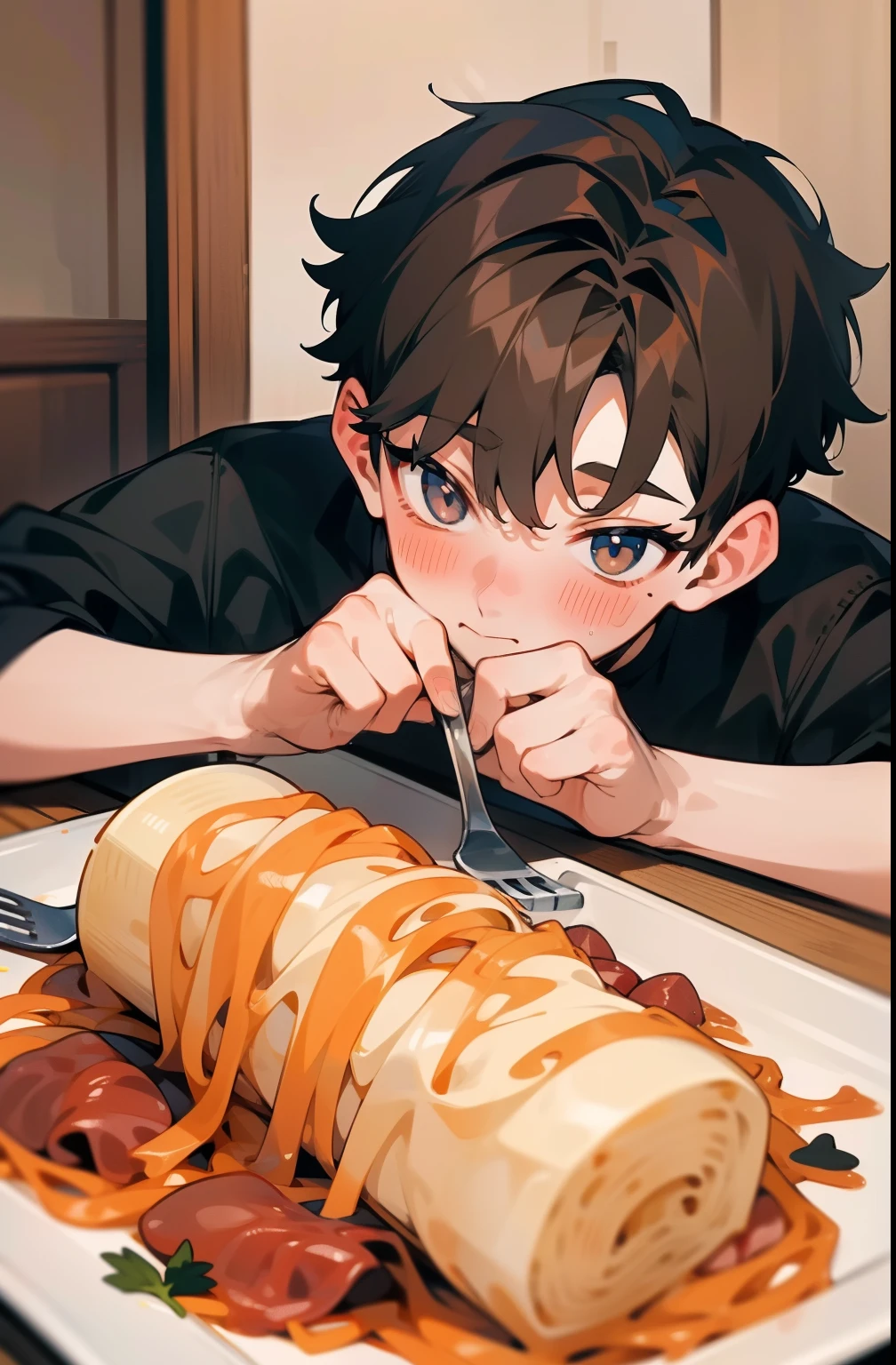 masuter piece,An ultra-high picture quality,Cute One Boy, smooth brown short hair,Roll meat sauce pasta with a fork and eat precisely at the table at home, No person, Beautiful and accurately depicted body and face, Faithfully reproduces the meal scene