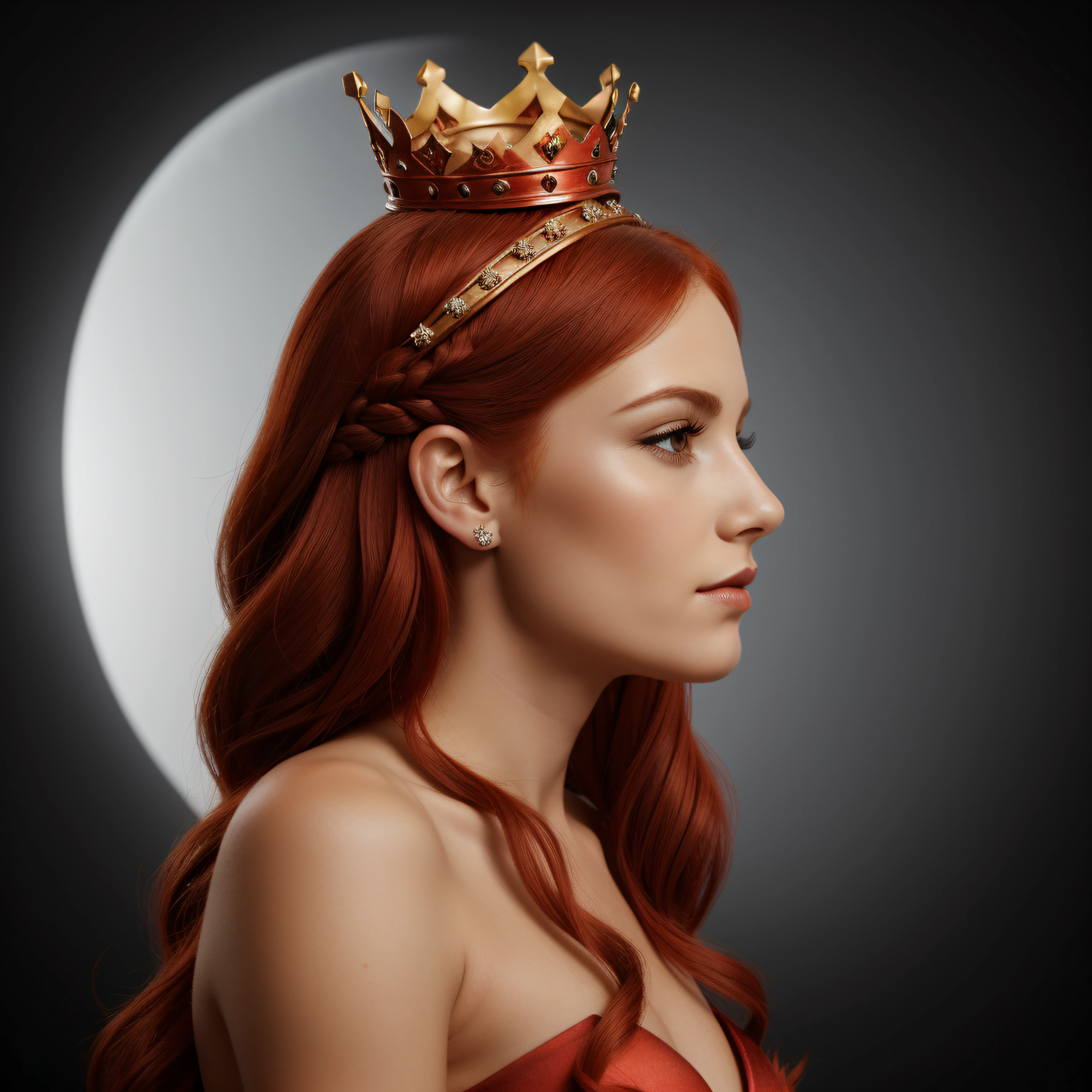 a side view of close up of a woman with a crown on her head, ((her hair covered her ears)), queen crown on top of her head, venus planet symbol, with a red halo over her head, redhead queen in heavy red armor, royal woman, woman silhouette, the red queen, stylized silhouette, regal and proud robust woman, red haired goddess, queen chess piece photo, beautiful vampire female queen, simple dark background.