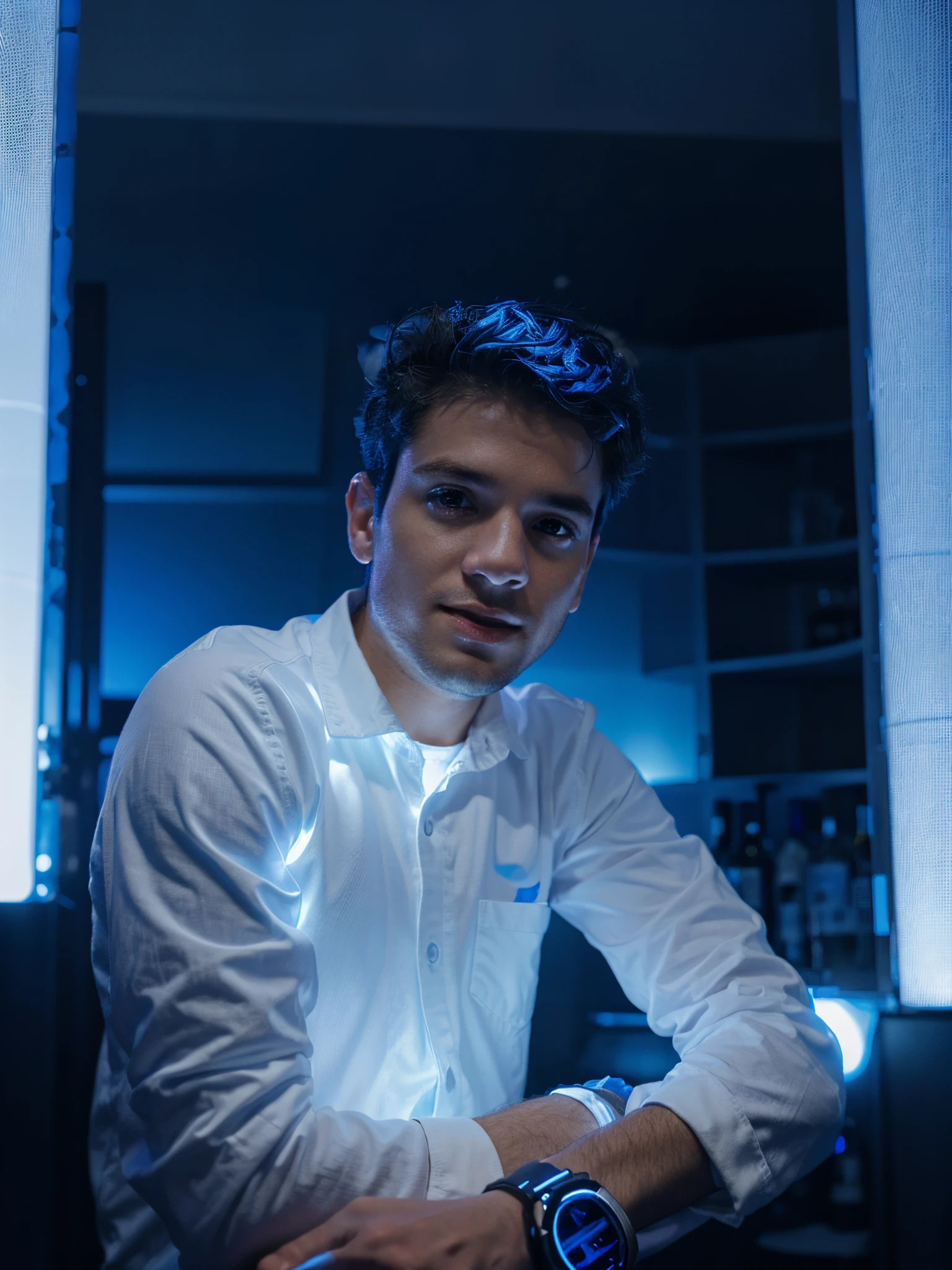 Change background in club with blue light and some white light whit my face little boy and 8k ultra hd ultra realistic