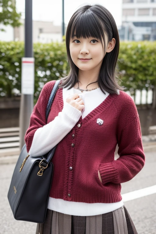 （Best Quality,masuter piece)perfect detailed,A detailed face,Right eyes,correct body,Cute anime girl,Perfect and beautiful face,（Realistic,Photorealistic,Live action),1girl in,Solo,Looking away,sidelong glance,angry,Bustling street,shopping street,japanese city,hi-school girl,Wearing Japanese high school clothes,White blouses,Plaid gray skirt,lowfers,Walking,carry a bag over someone&#39;Shoulder,Faraway view,Full body,other pedestrians behind,depth of fields