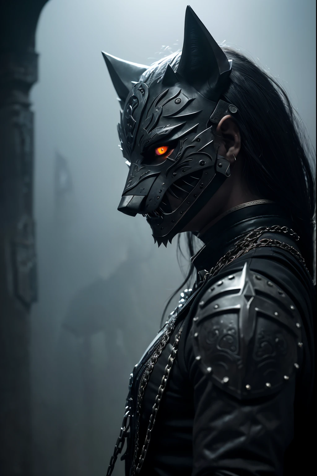 (a man wearing a steel wolf mask, dark and gothic character style),metallic,heavy armor,sturdy,tough-looking,imposing figure,lit by dim candlelight,ominous atmosphere,intense,expressive eyes,sharp fangs,cruel and twisted smile,pale complexion,gritty texture,contrast of shadows and highlights,dramatic lighting,ethereal and haunting,black and silver color palette,eerie and mysterious mood,thick fog swirling around,hauntingly beautiful backdrop,detail and precision in the facial features of the mask,sculpted with intricate patterns and designs,sharp and defined edges,foreboding presence,evoking a sense of fear and curiosity,exquisite attention to detail in the costume attire,leather straps and buckles,heavy chains,dark and mysterious background,moonlit sky,full moon casting an eerie glow,a sense of danger and intrigue,enigmatic aura,embodying power and darkness.