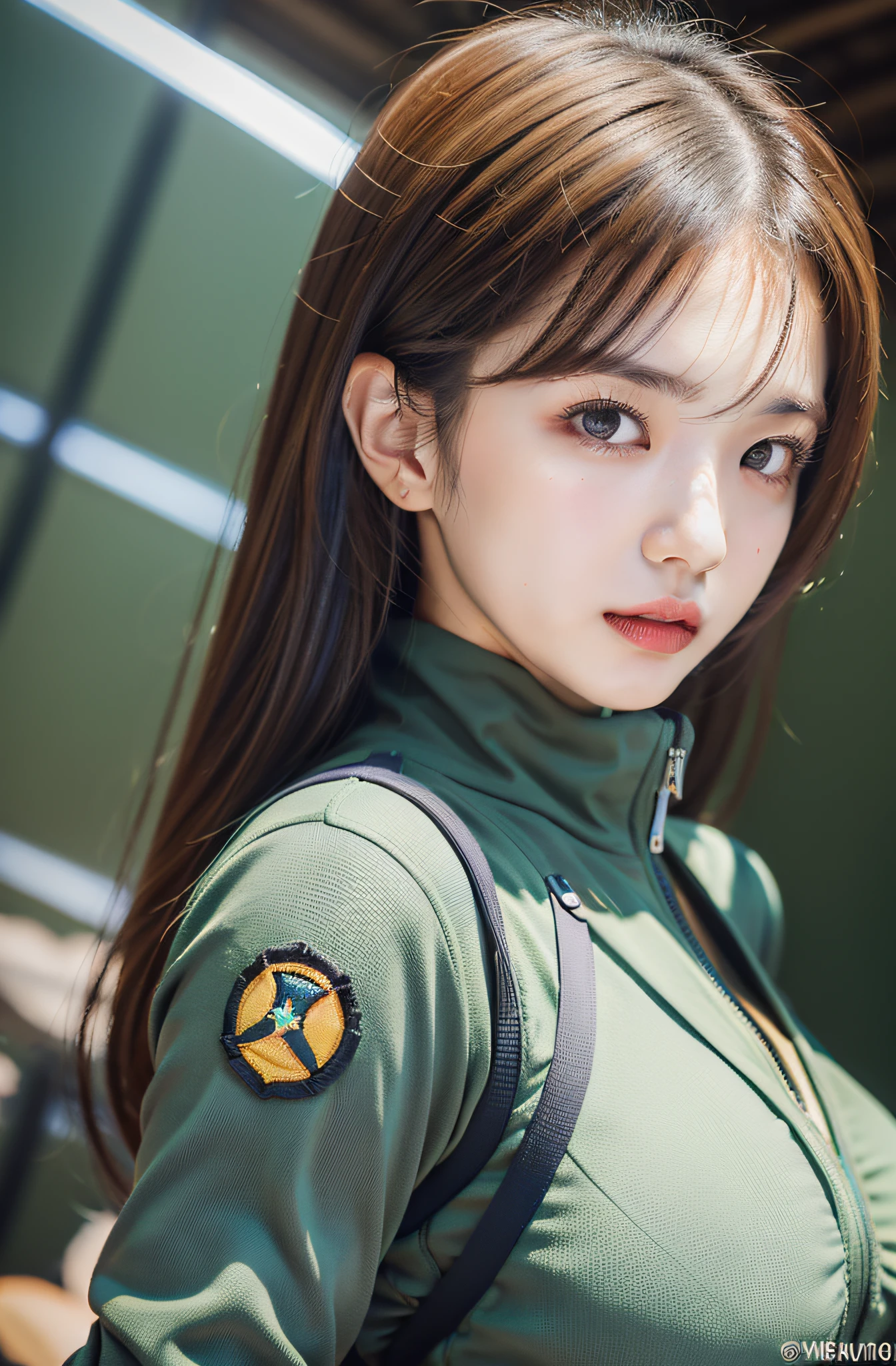 Air Force Pilot、Conversation with maintenance personnel inside the hangar、Fighters、dark green flight suit、High exposure、Photorealistic images of solo idols, Morning Musume inspired by Eri Kamei, Radiates charm and beauty with plenty of bust and subtle exposure of cleavage. The image is、Must reflect a real person of the highest quality, Powered by Ultra-HD (16 K) resolution, crisp detail, Vivid colors, Dynamic Range, Soft bokeh, Fine texture, Realistic realism, Pin Sharp Focus. 、The camera setup is、Nikon D850 and NIKKOR Z 58mm Boobs Boobs Boobs Boobs F。/0.95 S Noct lens,  The setting must be ISO 64, F/0.95, Shutter speed is 1/60. --ar 16:9 - V5.1 --Style raw --Q 2 --S 750