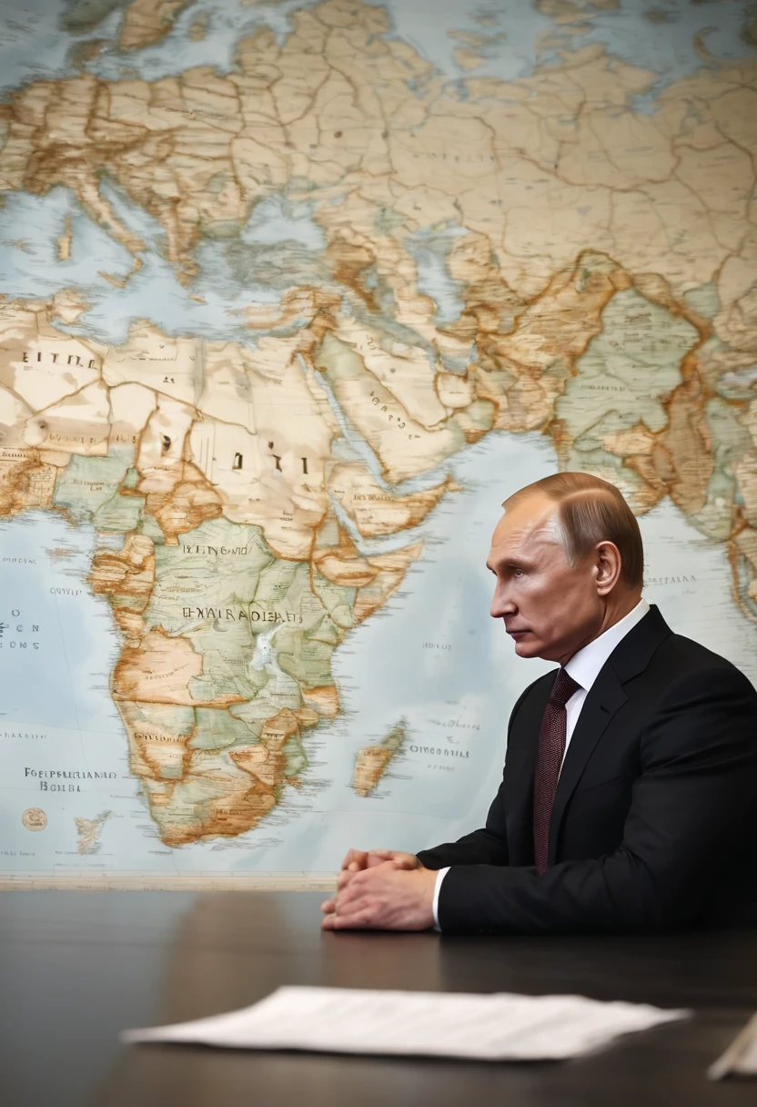 A photo of Putin reviewing a strategic geopolitical map,original,Vladimir Putin, the Russian President, presents a carefully crafted image: he is typically seen with a short, neat haircut and a lean, athletic physique, often dressed in suits that project an image of formality and power. His public persona is one of sternness and resolve, with a steely gaze and a rarely seen smile, adding to his aura of seriousness and determination. , male