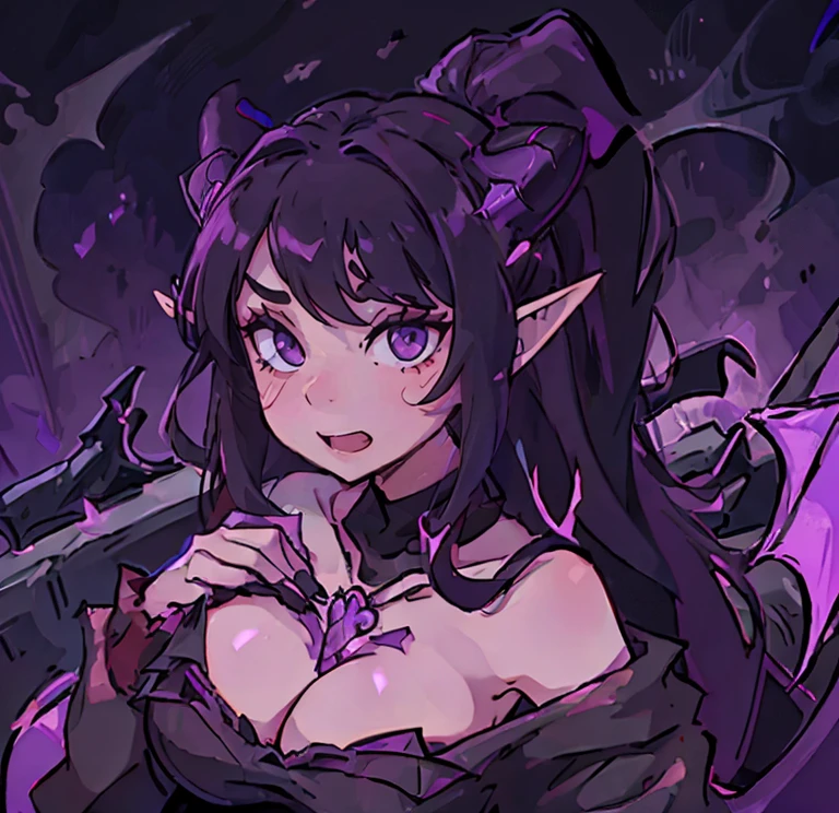 1girl, solo, big breasts, demon, purple eyes, sharp teeth, long pointy black nails, long straight hair, black hair, purple horns, black lipstick, elf ears, diamond earrings, purple necklace, light purple tail, cinematic lighting, cat eyes, demon wings, horns, black lips, makeup, black makeup, pointy nails, black nails, demon horns, long tongue, dragon wings, purple dragon wings, pale skin, tail