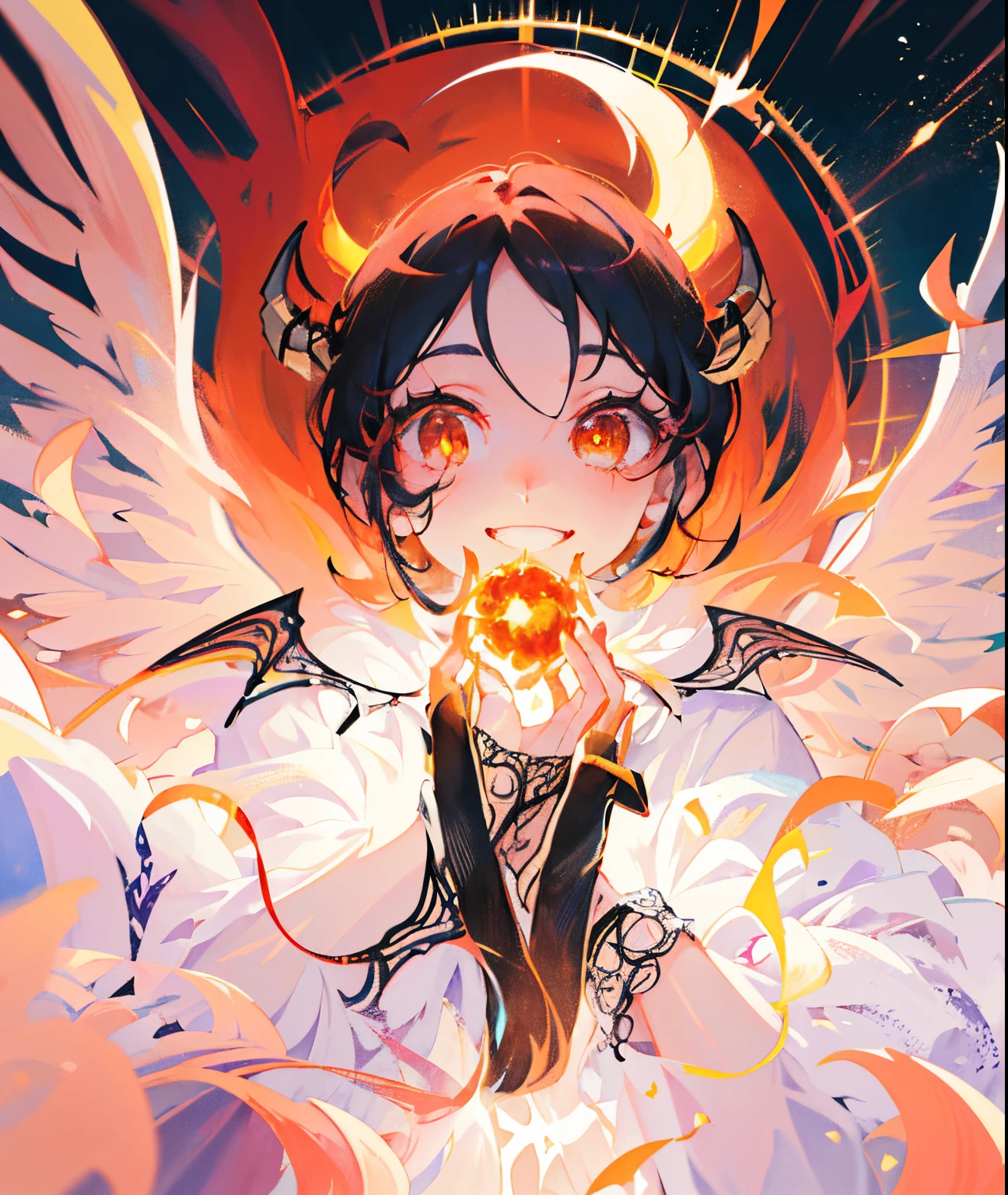 (best quality,4k,8k,highres,masterpiece:1.2),ultra-detailed,(realistic,photorealistic,photo-realistic:1.37),cute demon girl with horns and wings,ahegao expression,dark atmosphere,sharp focus,golden eyes,demonic features,long flowing black hair,vivid colors,middle of a magical forest,mysterious glowing runes,smoke and mist surrounding her,faint moonlight shining through the trees,fierce and confident pose,dark red and black outfit,slender and delicate physique,little floating fireballs around her,magical sparks and energy emanating from her hands,demonic tail swaying gracefully behind her,hauntingly beautiful smile,evil grinning face,ethereal and otherworldly feeling,horror and fantasy elements blended seamlessly,soft and subtle glow on her skin,enchanted flowers and plants around her,lively and dynamic composition,stylish and unique design,creating a sense of awe and curiosity,illustration-style artwork,paint-like texture with fine details,surreal and dreamlike ambiance,delicate and intricate lines,creating a captivating and enchanting scene.