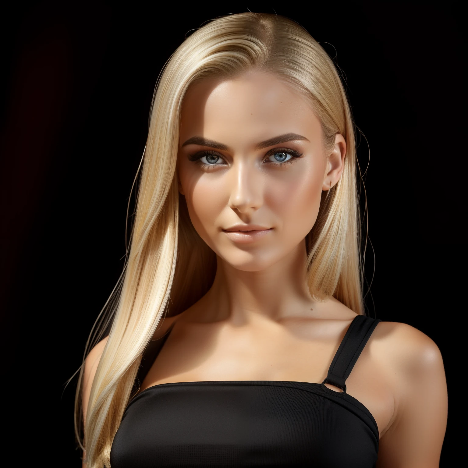 Front bodyshot of 25yo European woman, pointing at camera, blonde hair, serious, (amazing skin detail: 1.4), (natural skin: 1.2), (pores: 0.6), makeup, (detailed eyes: 1.2), black background, studio, light border, dark atmosphere, (bokeh: 1.2), photography, cinematic, photorealistic, ultrarealistic, fit girl, skintight dress, perfect figure, perfect anatomy, large breasts