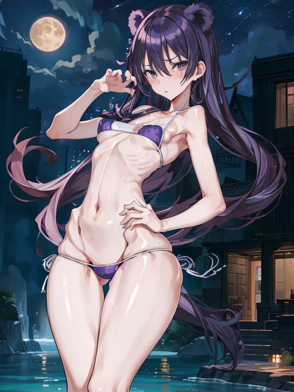 perfect hand,perfect anatomy,big moon night,masutepiece,Best Quality,Ultra-detailed,High resolution,Unity 8k壁纸,super detailed skin,Cinematic lighting,Beautiful detailed eyes,(Ideal ratio body proportions,small breasts:1.5), underboob, (Small bikini:1.4),((slim)), Thin, an hourglass figure, Toned, Flat belly, (wide hips), (bear a  on the hip), micro bikini, thick thighs