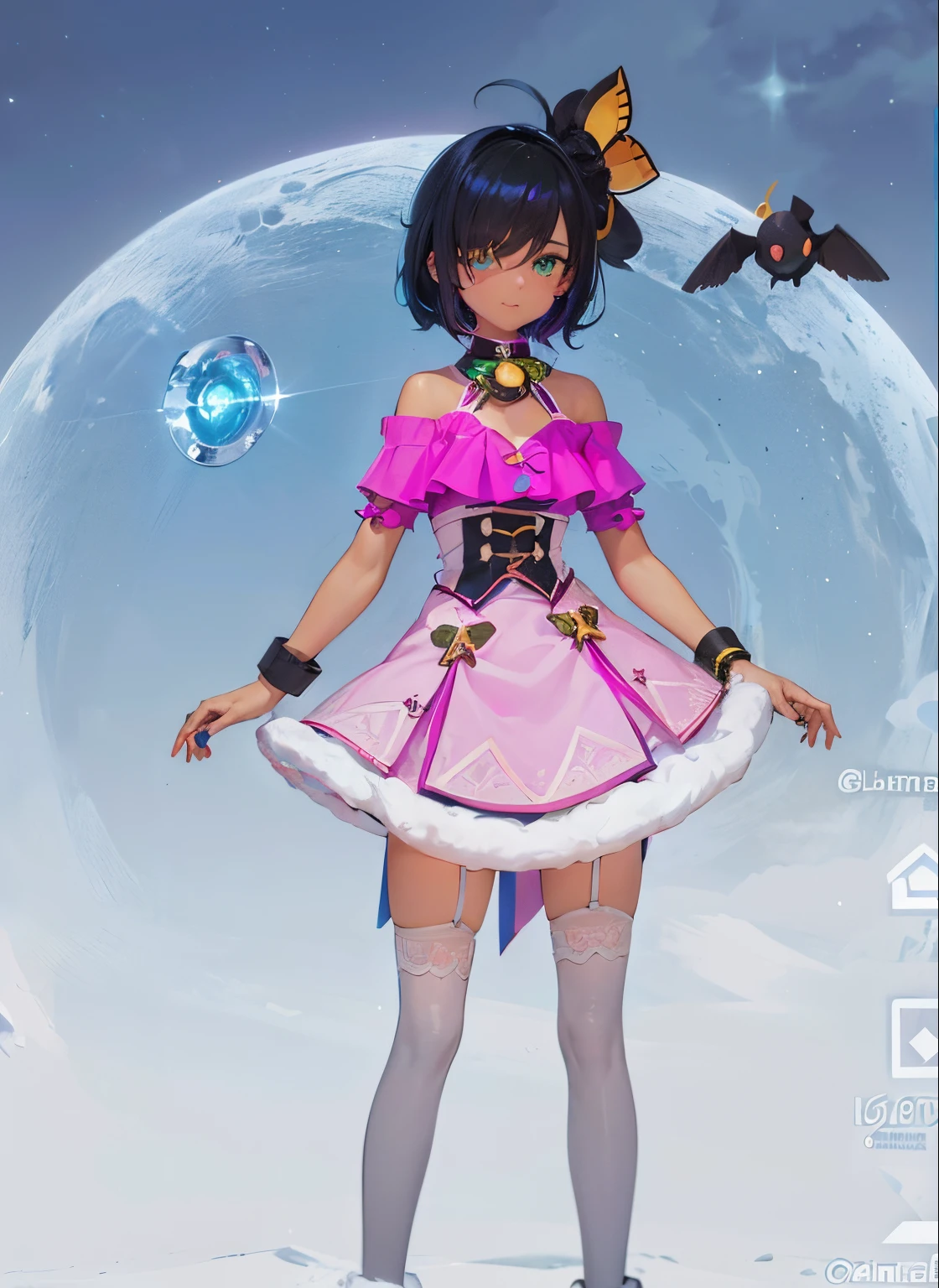 caleb, girls alone, (15years old girl:1.5), (1girl:1.9), (brown skin:1.2), /(green eyes:1.4), (fallen angle eyes:0.9), (thin pupil:1.5)/, (blushing:0.9), (short black hair:1.5), (blue light in hair:1.3), (blue hair glitter:1.3), (hair covering one eye:1.3),(little smile:0.8),  Masterpiece, high quality, 4k, 8k, (High Definition:1.9), (sunny daylight:1.9), dinamic pose, medium breast,, 1girl, alone, pink dress, pink dress,