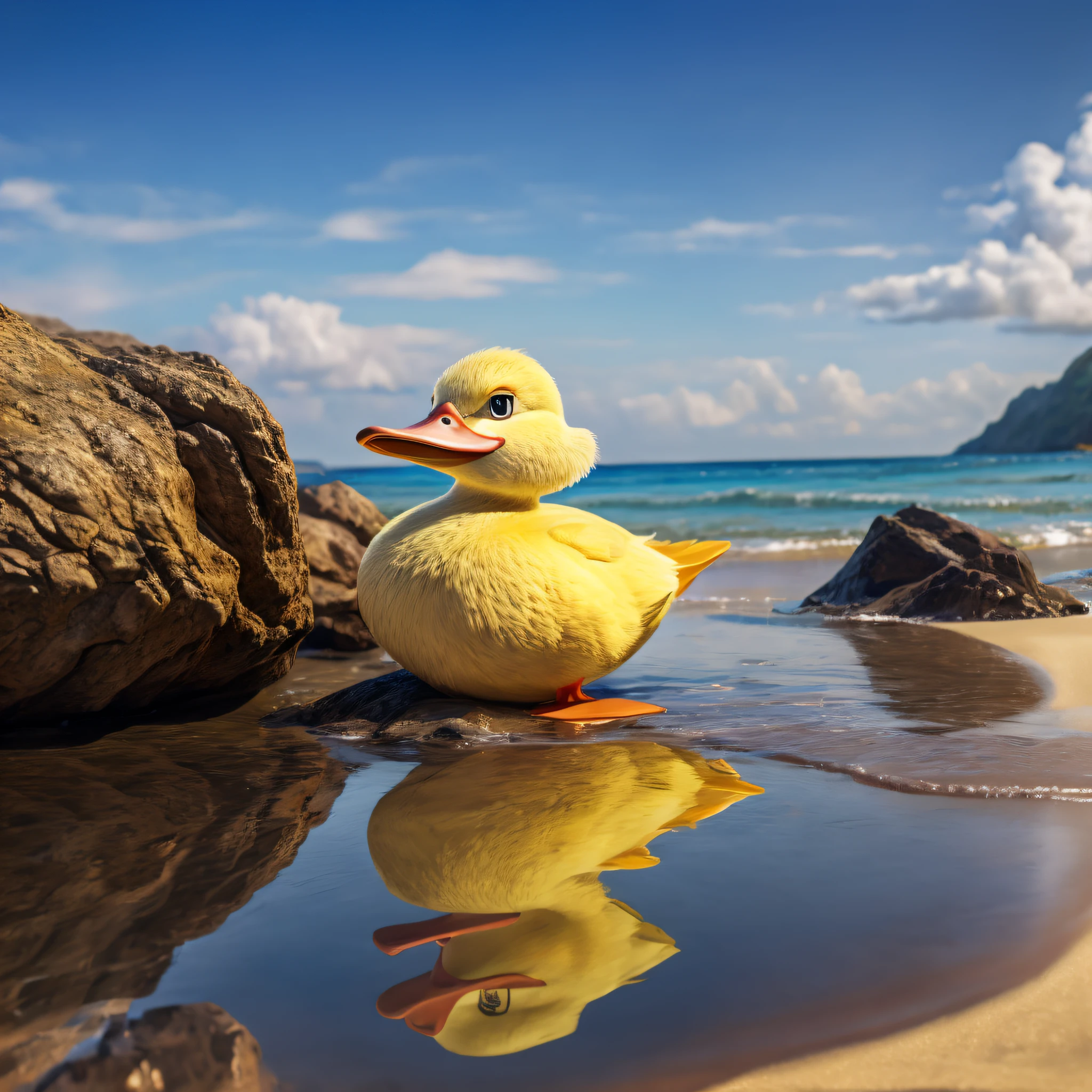 A small yellow duck，beaches and seaside，夏天，k hd，poster for