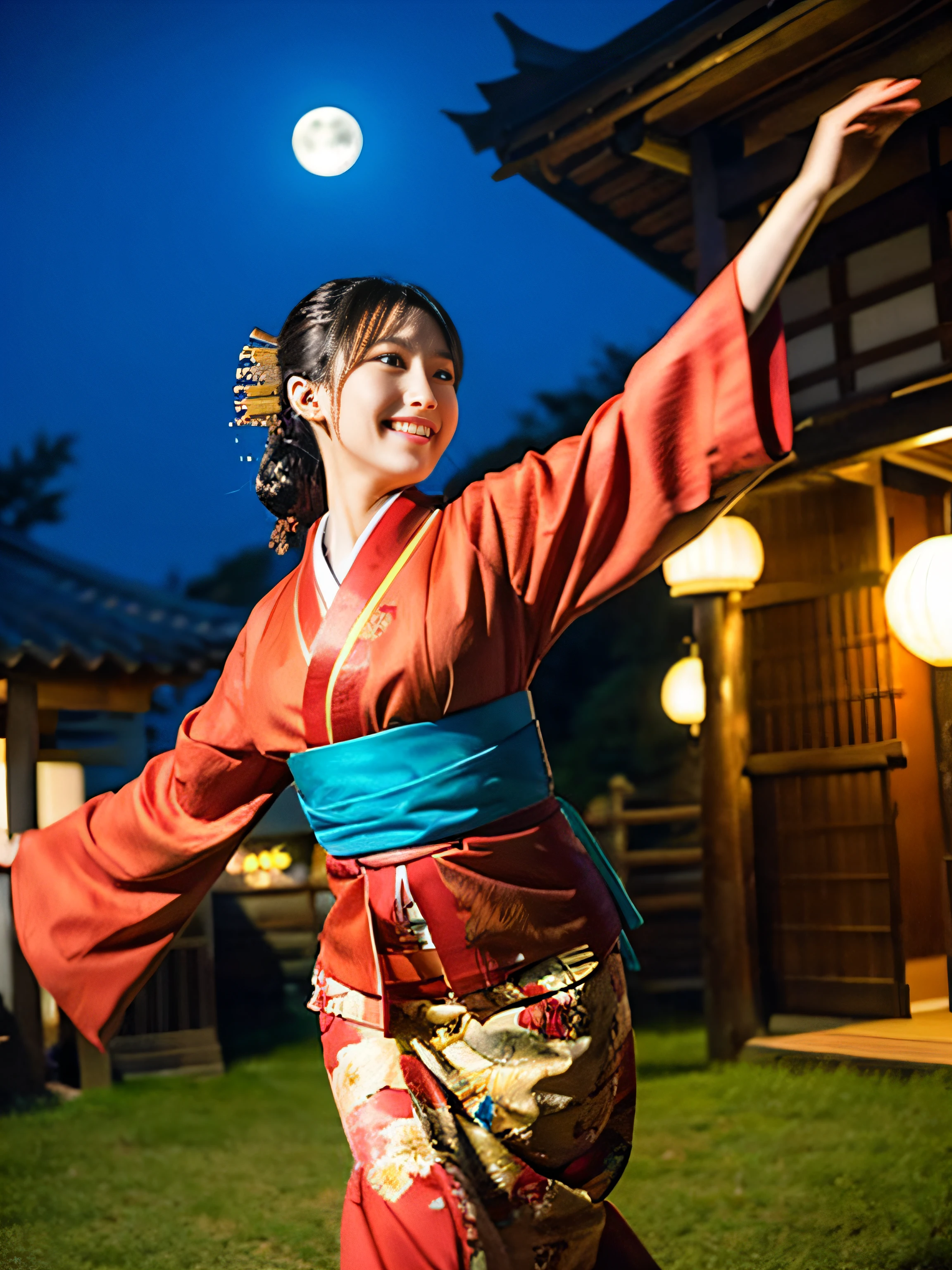 masutepiece, Best Quality, Female samurai in red kimono, Cloth flowing in the air, Moon, Northern steppe, SFW