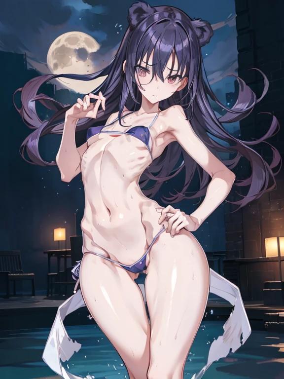 perfect hand,perfect anatomy,big moon night,masutepiece,Best Quality,Ultra-detailed,High resolution,Unity 8k壁纸,super detailed skin,Cinematic lighting,Beautiful detailed eyes,(Ideal ratio body proportions,small breasts:1.5), underboob, (Small bikini:1.4),((slim)), Thin, an hourglass figure, Toned, Flat belly, (wide hips), (bear a child on the hip), micro bikini, thick thighs
