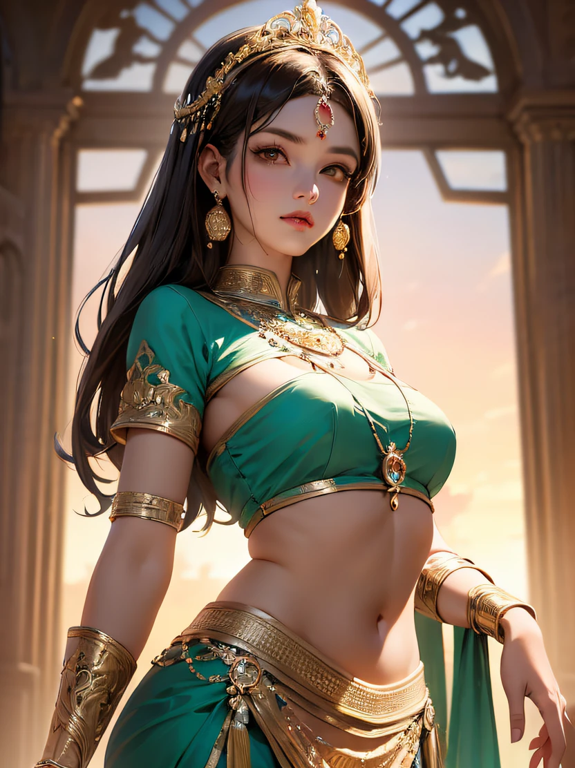 ((masterpiece、top-quality、realisitic、ultra-detailliert、hight resolution、Photorealsitic、foco nítido、lighting like a movie))、Stunning portrait of a beautiful woman、face lights、High brightness、Frontal lighting、cowboy shot、(Complex and beautiful facial features、Brown skin、Attractive body)、Modern Indian Goddess、(Transparent Red Sari)、Dynamic Pose、diadems、rich colours、Goddess of Heaven、Look at viewers、Accurate hand depiction、Detailed hand depiction
