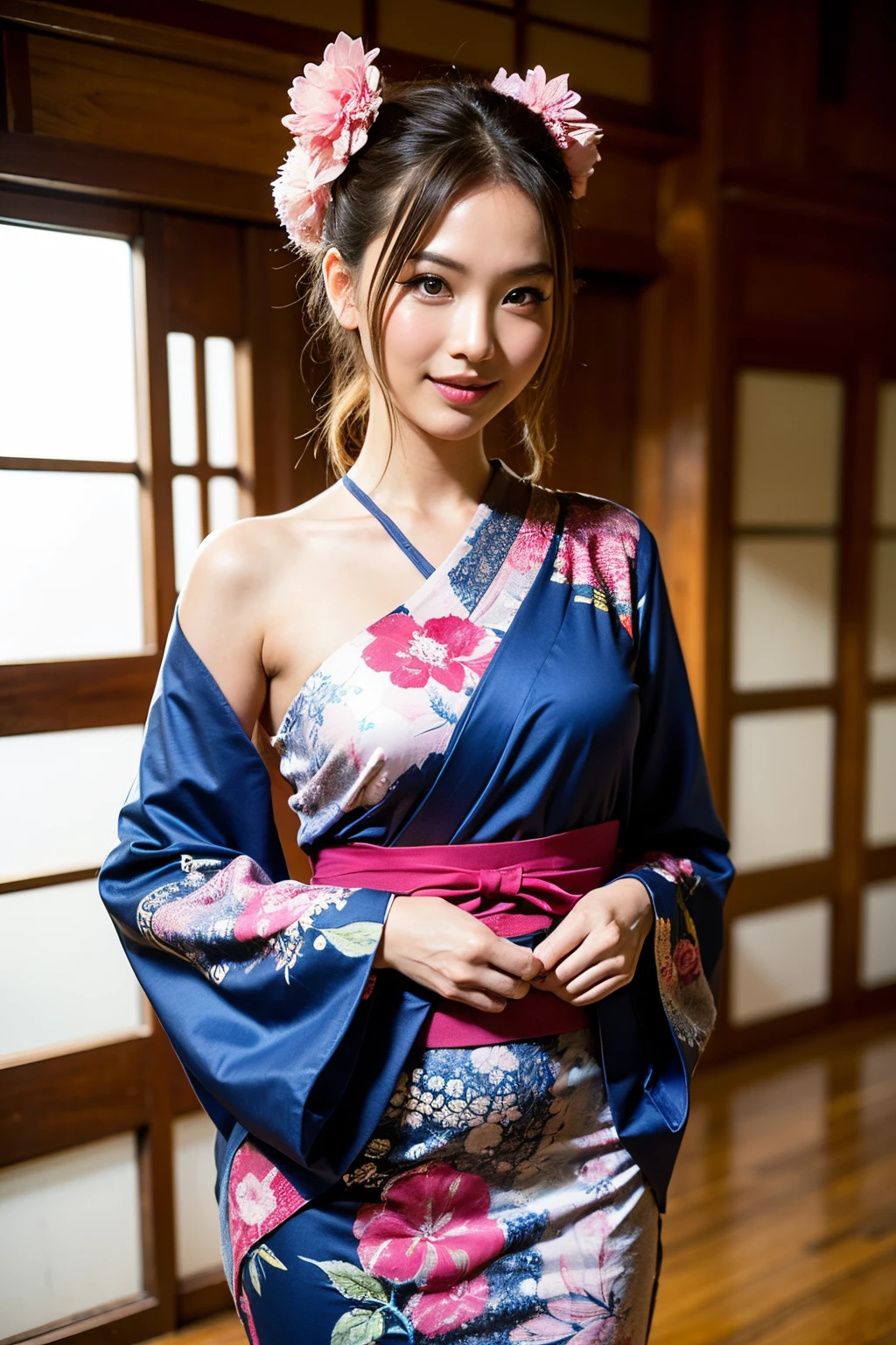 Best Quality, masutepiece, 超A high resolution, (Photorealistic:1.4), Raw photo, 1girl in,Smirking expression， Kimono beauty with a crane pattern, gros-plan, Looking at Viewer, castle town, Upstyle, Hair Ornament,Beautiful photos,is beautiful,fullbody image,