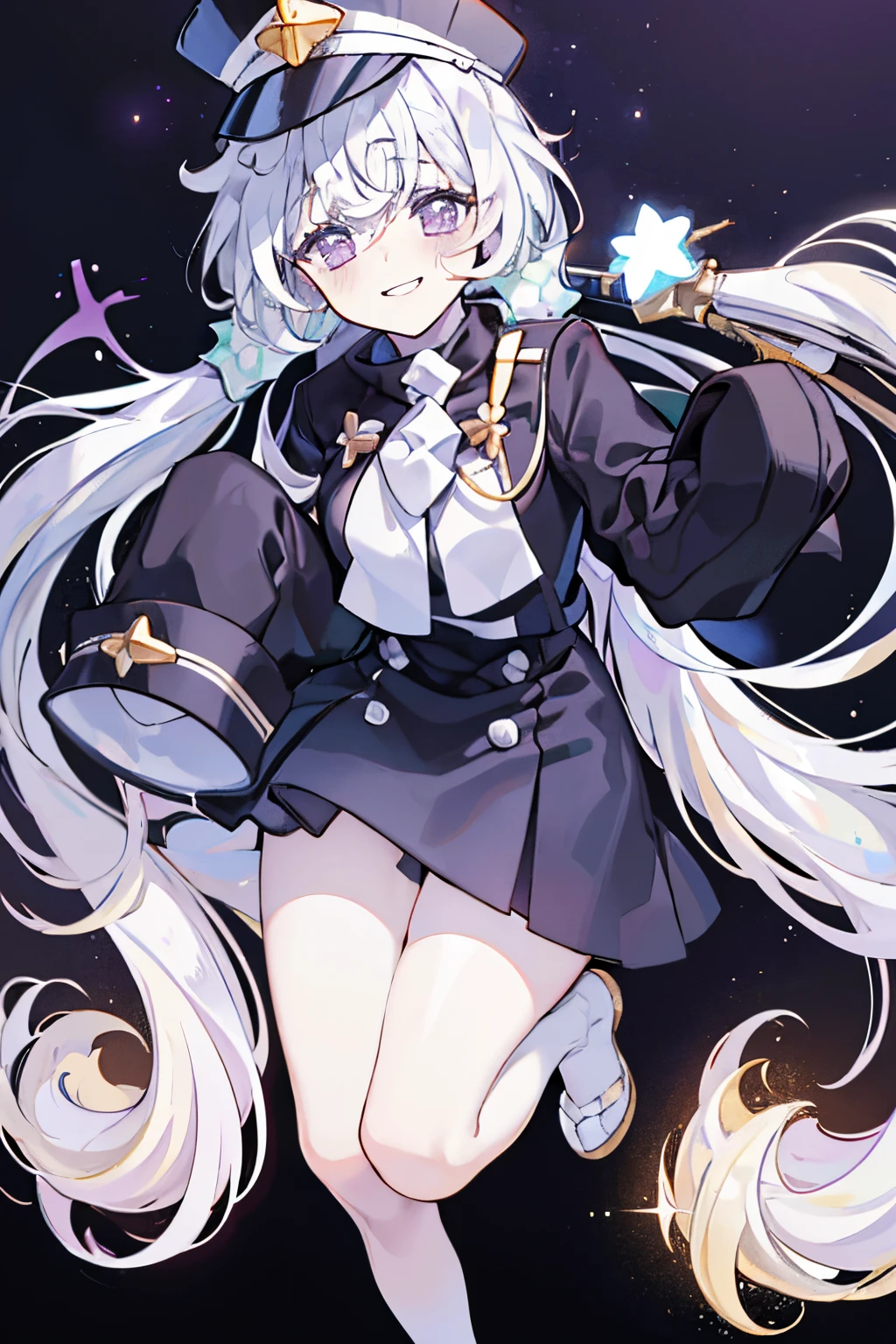 masterpiece, +++, top quality, soft light, white hair, bangs, hair between eyes, low twintails, conducter hat, milky way, black background, full body, micro skirt, bare legs, oversized sleeves, pale skin, purple eyes, hugging knees, tilted head, smiling, blush, squinting eyes