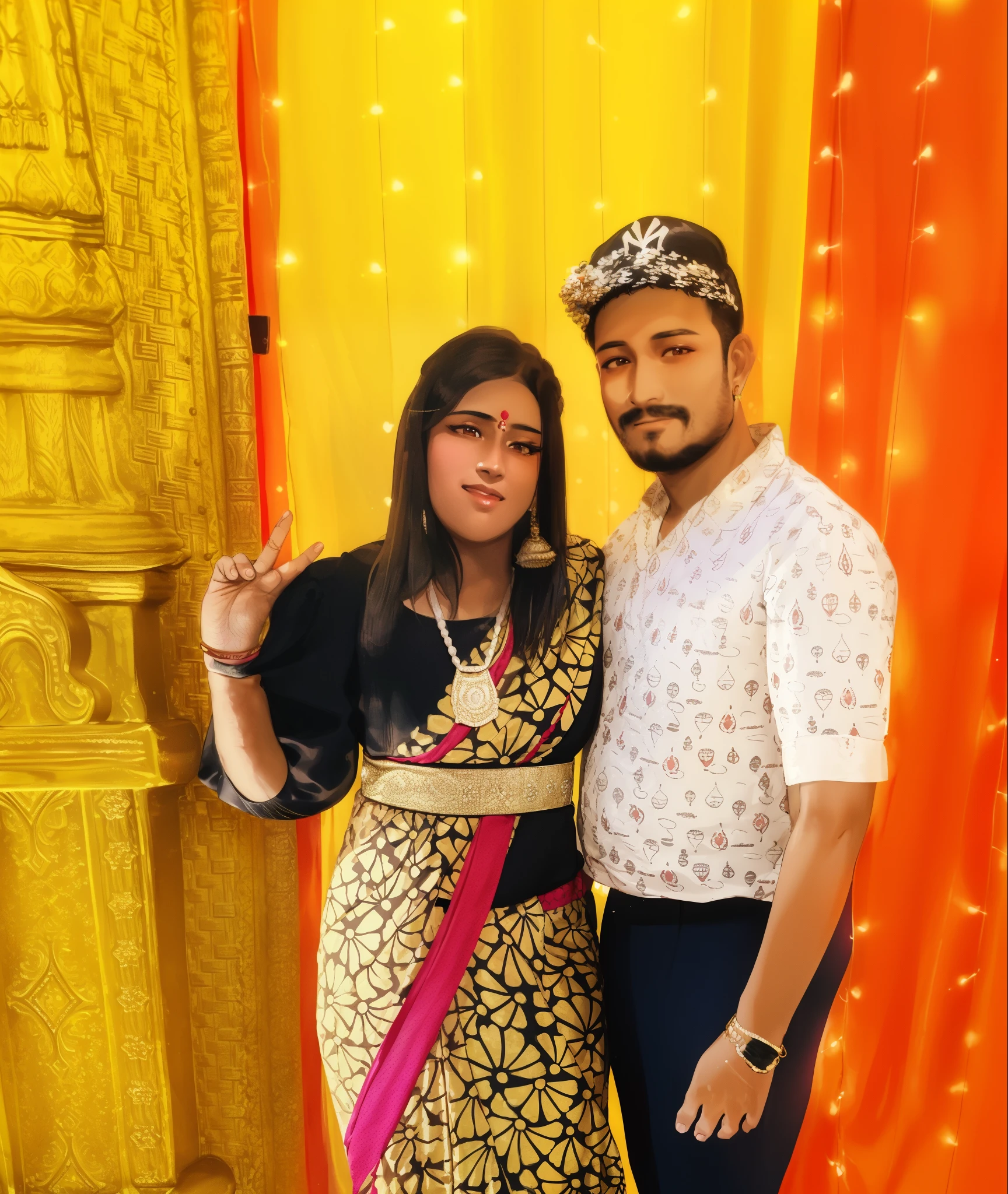 there is a man and woman posing for a picture in front of a backdrop, wearing bihu dress mekhela sador, full body photogenic shot, he is! about 3 0 years old, wearing a sari, male and female, * colour splash *, dressed in a sari, celebrating an illegal marriage, wearing traditional garb, wearing sari