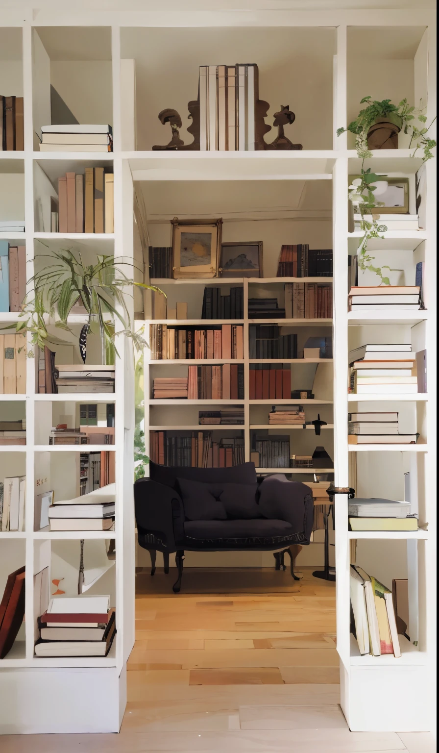 there is a black sofa in a room with a bookcase, estante de livros pequena biblioteca, estantes nas laterais, Recanto de Leitura, pequena biblioteca, livros por todo o lado, estantes de livros, Estantes, Endless aisles and bookshelves, cheio de livros, prateleiras em espiral cheias de livros, Livros Cave, apartamento de um estudante de arte, com tudo em seu lugar, estante