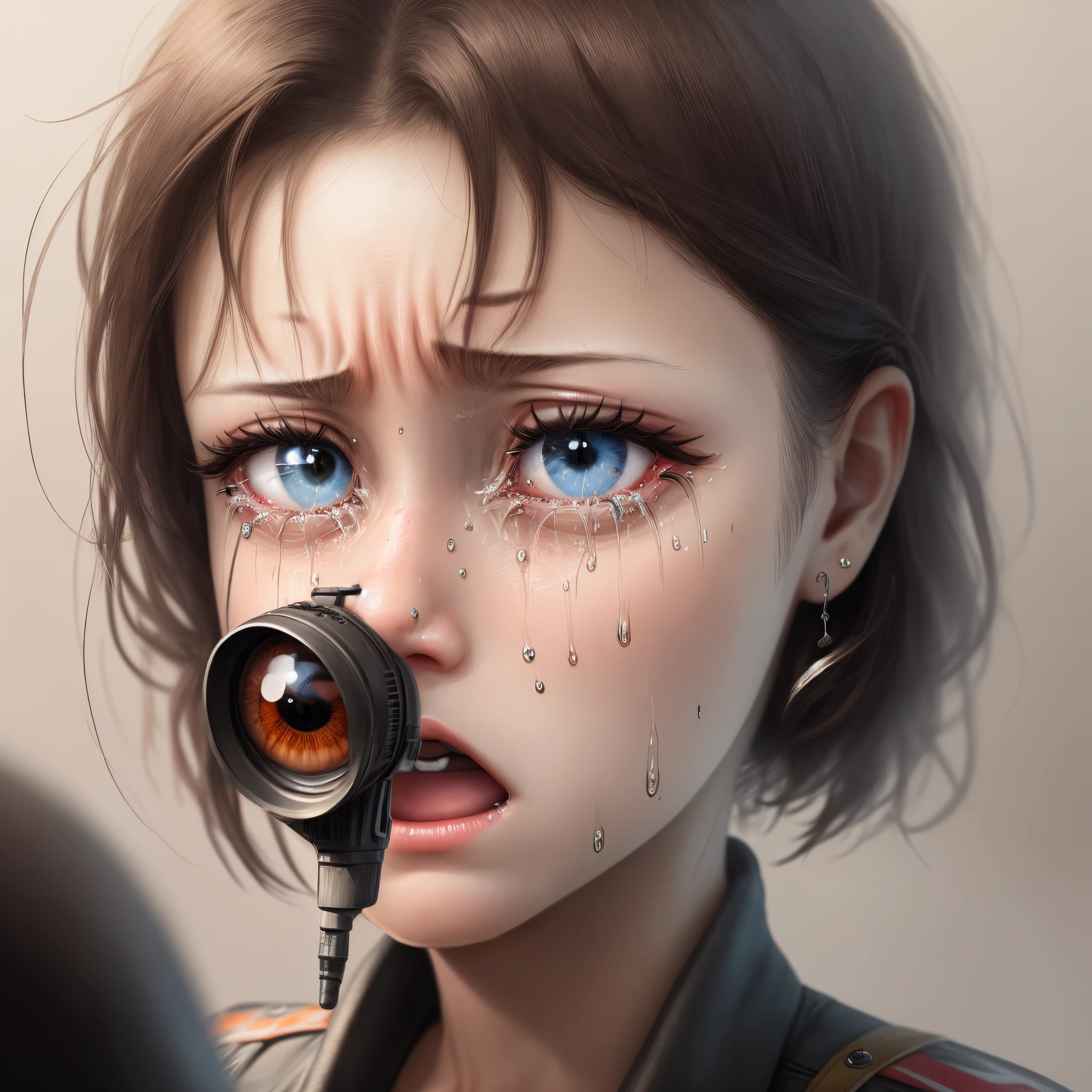 Realistic drawn eye crying tears that turn into gun bullets
