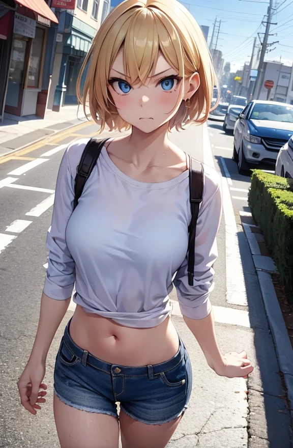 2D Anime Style、Blue eyes、Beautiful shining eyes, (Talented lo-fi:1.3),breasts are slightly larger、high and beautiful nose,Beautiful face with slender contours,A cool adult woman with short blonde hair and an angry expression...................、Biting your lip,teeth are slightly visible,Fashion that shows off your stomach, he is wearing a shirt and shorts。。。。。。..,walking down the streets of america,