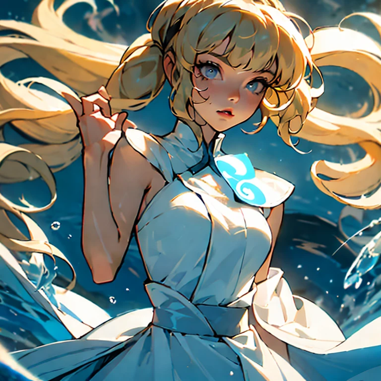 a young woman with long, curly light blonde hair in pigtails that add to the sense of youth. She wears a white and blue sleeveless and strapless dress. She has bangs and light blue eyes. She is controlling water like waterbending