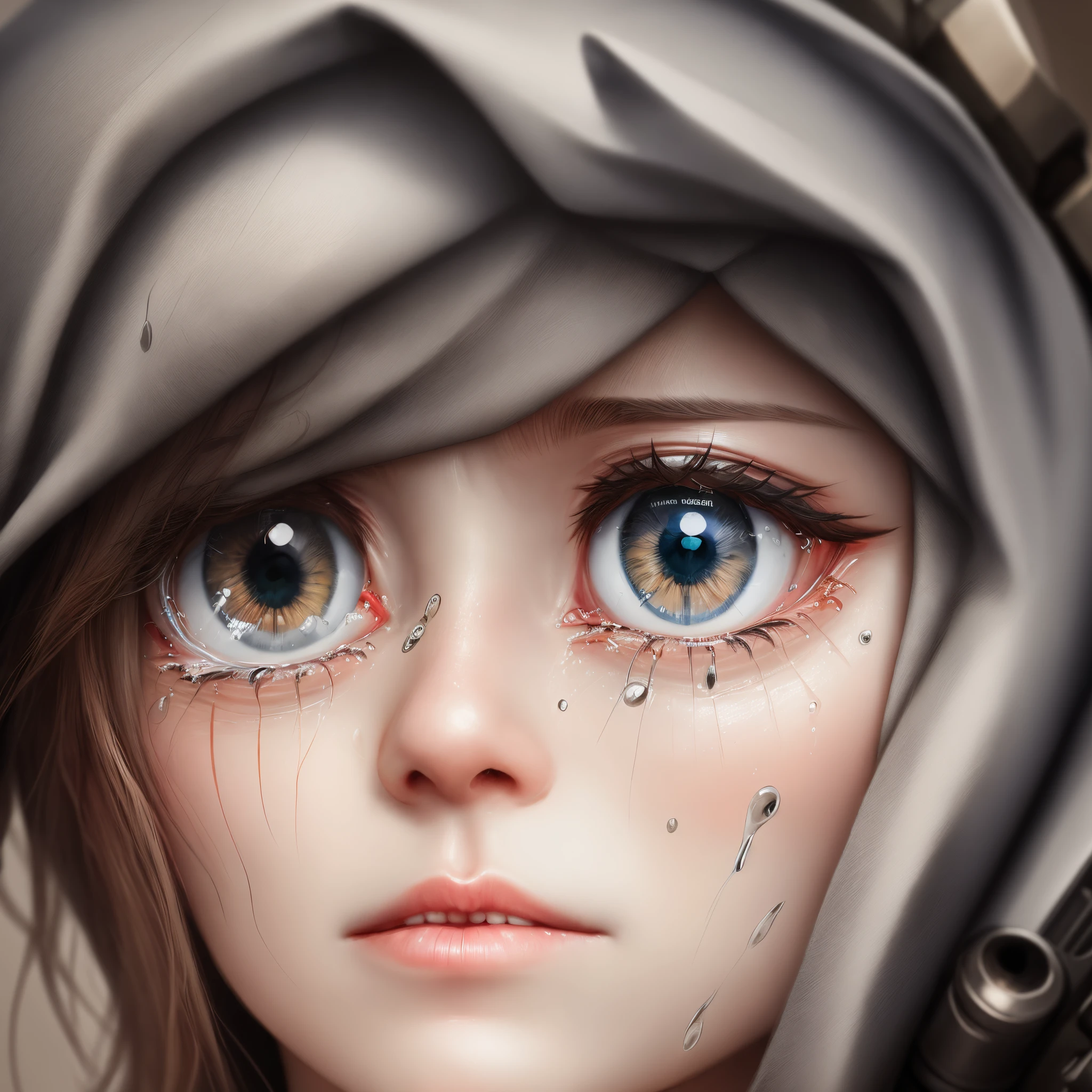 Realistic drawn eye crying tears that turn into gun bullets