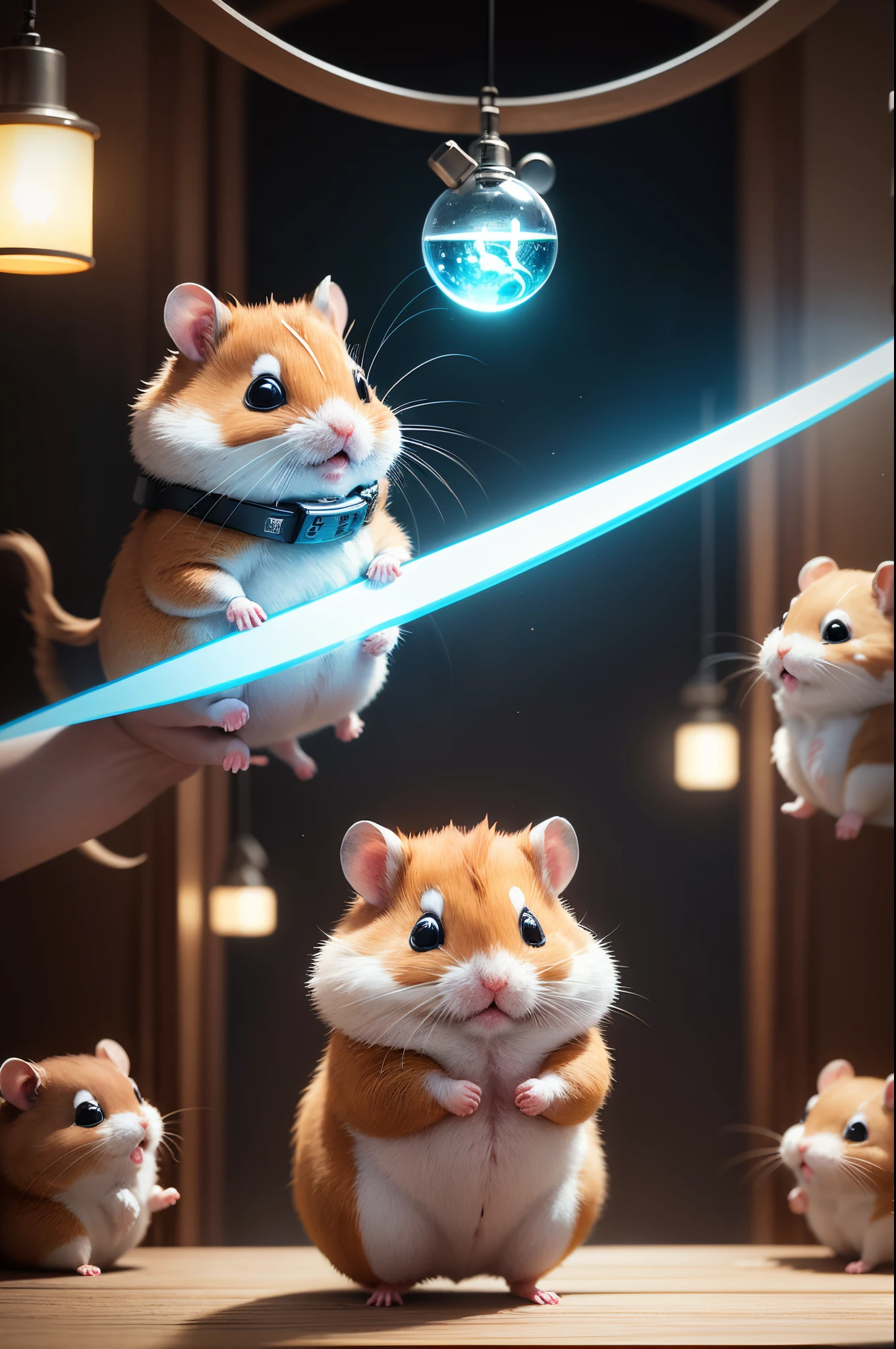 In the distant future,There is a cute hamster。Hamsters are short and stocky,The fur is smooth,Have a pair of smart and curious eyes。Hamsters live in a rapidly developing era of smart data,We face unprecedented challenges every day。 One day,The hamster accidentally broke into a mysterious cave,It's full of all kinds of high-tech equipment。Hamster near a machine,Suddenly a light flashed,The hamster is transported to a world full of futuristic technology。 In this world,Ethereal artwork meets ancient manuscripts。Mysterious algorithms and delicate calligraphy strokes build a bridge between the past and the future。A huge clock hovers in mid-air,Gears exposed,Shows the complexity of AI decision-making。A floating data ball flashes in the background,Hinting at the ubiquitous nature of big data and its relevance to personal privacy。 In this world,There are a group of hamsters from different fields and backgrounds。Hamster's facial features are intricately drawn,Highlights hamster's humanity in an automated world。The hamster also saw himself,The hamster's eyes shine with determination,The nose smells the novel smell,The beard dances to the rhythm of the future。