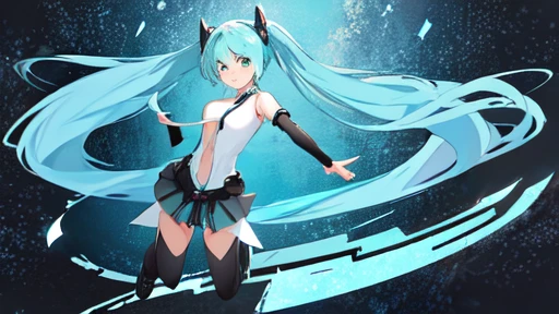 Black skirt,Light blue tie,Full body,Twin-tailed,lightblue hair,length hair,(Background aqua)