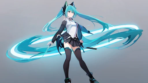 Black skirt,Light blue tie,Full body,Twin-tailed,lightblue hair,length hair,(Background aqua)