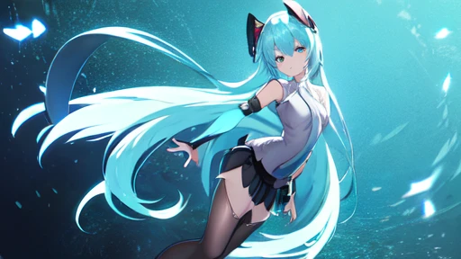 Black skirt,Light blue tie,Full body,Twin-tailed,lightblue hair,length hair,(Background aqua)