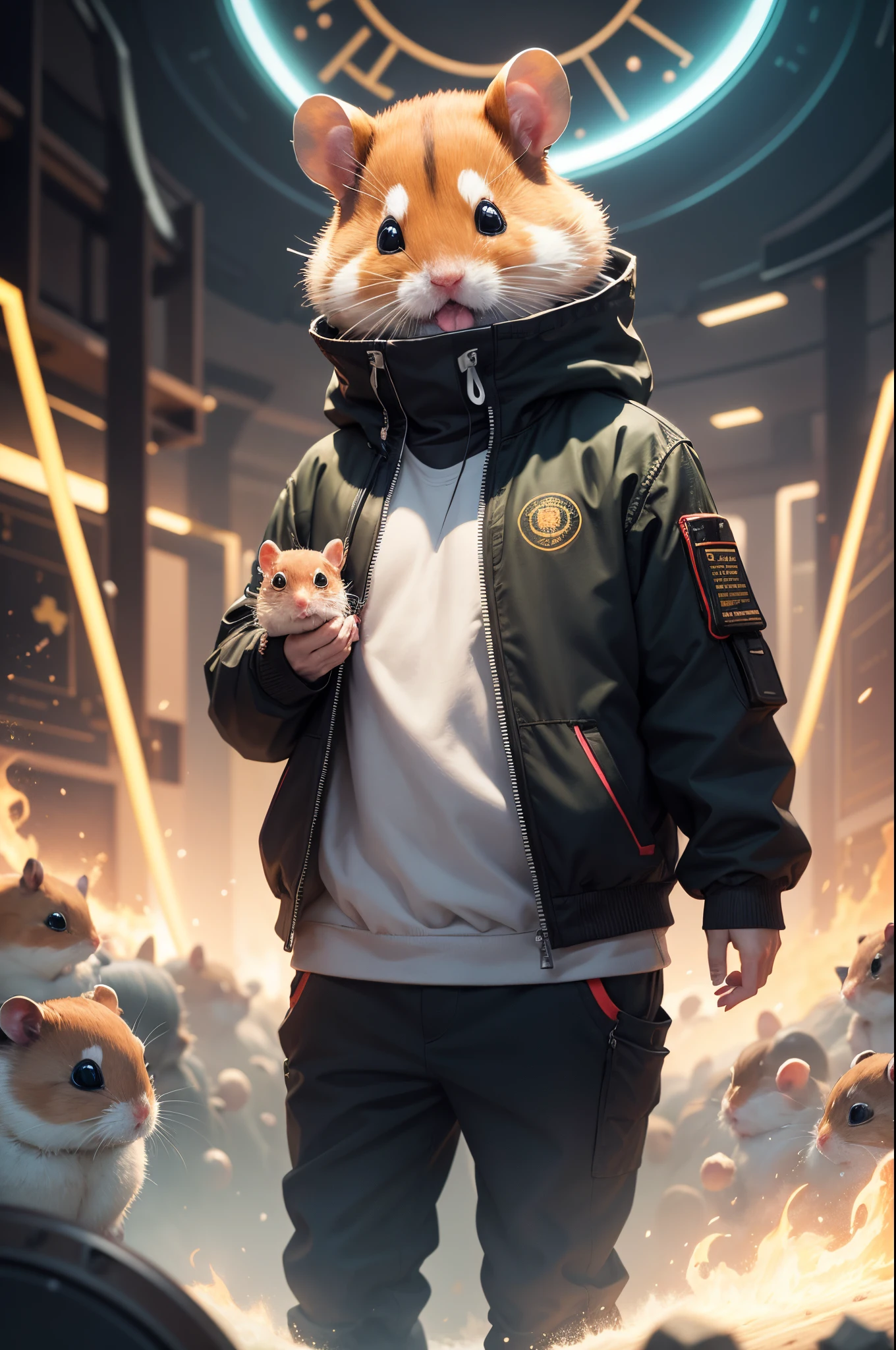 In the distant future,There is a cute hamster。Hamsters are short and stocky,The fur is smooth,Have a pair of smart and curious eyes。Hamsters live in a rapidly developing era of smart data,We face unprecedented challenges every day。 One day,The hamster accidentally broke into a mysterious cave,It's full of all kinds of high-tech equipment。Hamster near a machine,Suddenly a light flashed,The hamster is transported to a world full of futuristic technology。 In this world,Ethereal artwork meets ancient manuscripts。Mysterious algorithms and delicate calligraphy strokes build a bridge between the past and the future。A huge clock hovers in mid-air,Gears exposed,Shows the complexity of AI decision-making。A floating data ball flashes in the background,Hinting at the ubiquitous nature of big data and its relevance to personal privacy。 In this world,There are a group of hamsters from different fields and backgrounds。Hamster's facial features are intricately drawn,Highlights hamster's humanity in an automated world。The hamster also saw himself,The hamster's eyes shine with determination,The nose smells the novel smell,The beard dances to the rhythm of the future。