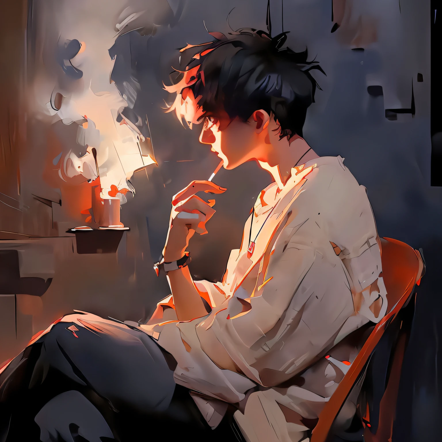 Anime boy sitting on a chair smoking,Have a cup of coffee, Guviz-style artwork, author:heroes, Produced by Anime Painter Studio, guweiz, drawn in anime painter studio, guweiz on artstation pixiv, guweiz on pixiv artstation, Anime art wallpaper 8 K, A masterpiece by Guvitz