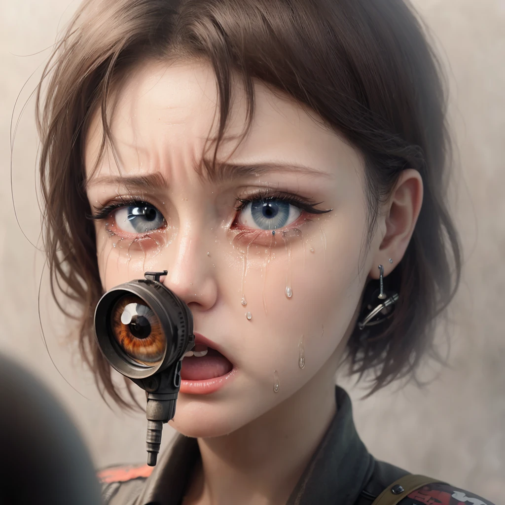 Realistic drawn eye crying tears that turn into gun bullets
