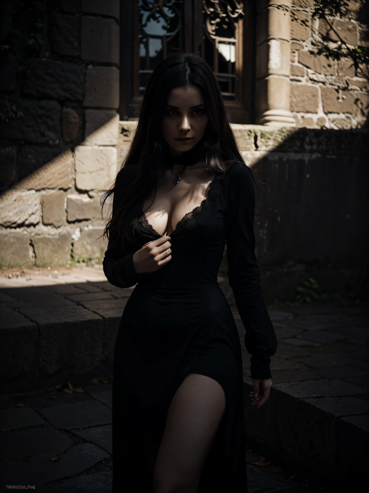 In the shadows of a gothic kingdom, emerge la figura de una diosa oscura en su desnudez, an artistic vision that summarizes the mysterious elegance and melancholy of the Gothic style.

Su piel, pale as the moon on a starless night., takes on an ethereal tone that seems to absorb the light around it. Every inch of her epidermis reflects gothic beauty., a pale masterpiece of darkness. Las sombras se enredan en sus poros como si fueran parte de su esencia., creating a harmony between lights and shadows that highlights its contours.

Los ojos, Profound and enigmatic, son dos abismos que parecen absorber la luz de la realidad. la mirada, melancholic and penetrating, sugiere un conocimiento antiguo y oscuro. Su cabello, ????? como la medianoche, cae en cascada sobre sus hombros en ondas suaves y misteriosas, a current of darkness that frames his face with gloomy elegance.

The Gothic goddess appears without an outfit, its nudity converted into an artistic expression that highlights the unique and somber beauty of its form. Every curve and angle of your body becomes a living sculpture., an ode to gothic aesthetics that plays with the duality of light and darkness.

en sus manos, Contains nothing but the very essence of darkness., permitiendo que las sombras se extiendan con una gracia misteriosa. The lines and contours of his figure are accentuated by the absence of clothing..., creating a visual harmony between soft light and deep shadows.

Bajo sus pies, el suelo se desvanece en la penumbra, marking each step with an ethereal imprint that blends with the surrounding darkness. This gothic goddess, in its artistic nakedness, embodies the unique and evocative beauty of the Gothic style, a presence that awakens fascination and melancholy in every corner of the gloom.