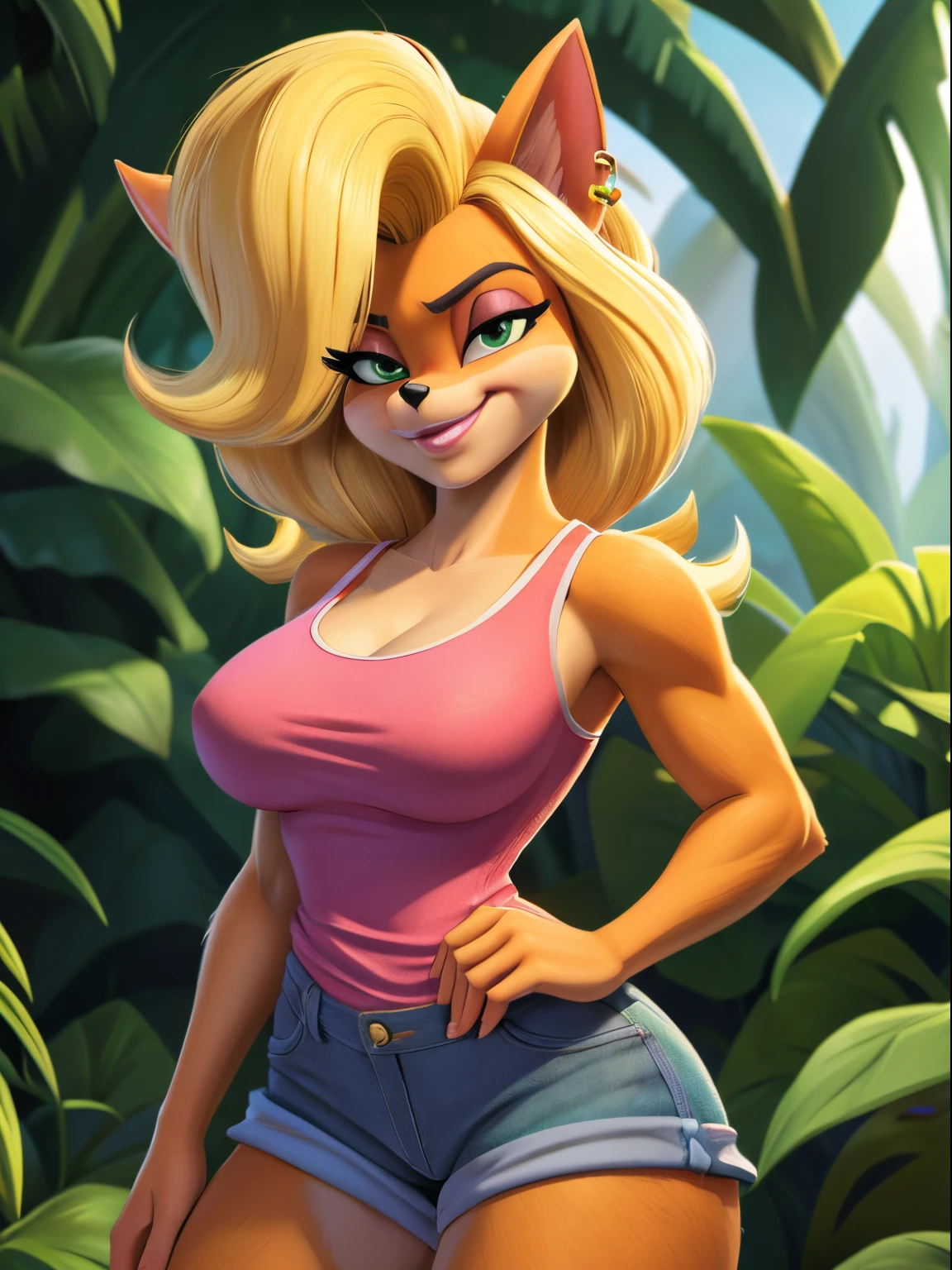 ((ultra quality)), ((tmasterpiece)), tawna bandicoot from Crash Bandicoot 4 , ((blonde woman)), ((there are only bandicoot ears)), (blue and yellow short hair tawna bandicoot), (earrings in the ears), (dark makeup), (Beautiful cute face), (beautiful female lips), Charming, (nose tawna bandicoot), ((sexy facial expression)), looks at the camera with a gentle smile, eyes are slightly closed, ((skin color red)), (there is cat hair on the body), Body glare, ((detailed beautiful female eyes)), ((dark green eyes)), (beautiful female hands), ((perfect female figure)), perfect female body, Beautiful waist, nice feet, black claws, Gorgeous hips, beautiful breasts, ((Subtle and beautiful)), seductively worth it, (tawna bandicoot clothes from Crash Bandicoot 4, wearing denim shorts, pink tank top) background: Jungle, ((Depth of field)), ((high quality clear image)), (crisp details), ((higly detailed)), Realistic, Professional Photo Session, ((Clear Focus)), the anime, NSFW