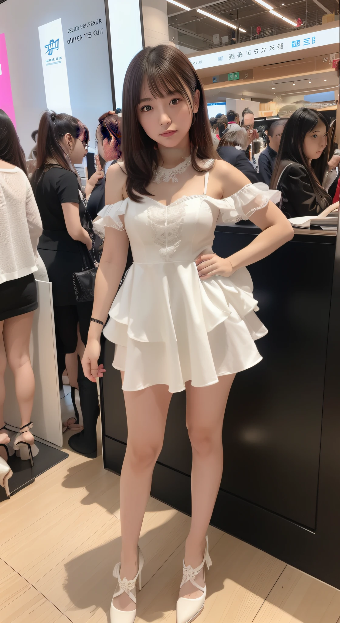 of the highest quality, Idol with slender body, front facing, Well-proportioned body, Exhibited, Event Hall, Moe Pose, White Maid Dress, Standing with legs open, Hands on hips, Model body type