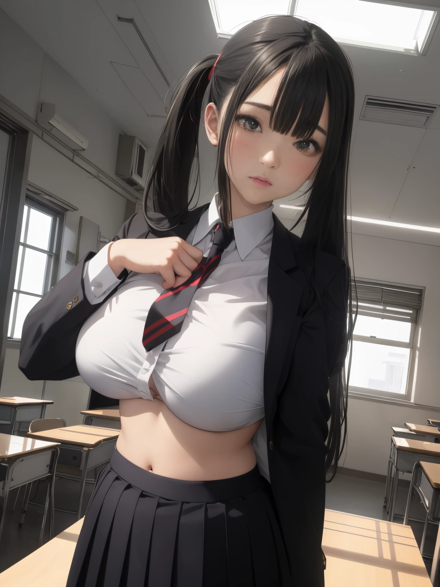 1Woman, Long hair, pony tail, parted lips, blusher, makeup, Annoying, bellybutton, underbreasts, school uniform, Classroom, school bag, light beams, Glow, thights, 鎖骨, Narrow waist, (Masterpiece), wallpapers,