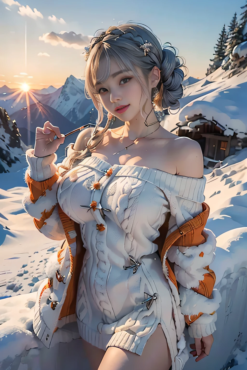 ,(3D Realistic Photography:1.3),(Make the subject look three-dimensional with the contrast of light and shadow),(((With the sunset in the background))),(((Winter snowy mountain climbing scenery:1.3))),cute and beautiful adult woman,Cute round face,Cute smile,with blush cheeks,Red Lip,(((Orange Open Short Duffle Coat:1.3))),(((Off-white off-shoulder sweater dress:1.3))),Knitted hats,long boots,gloves,(silver white hair,Floral braided headband,half up、Floral Braided Space Van,Voluminous Fishtail Braids,Twisted chignon,),(Bangs are see-through bangs),hair pin,hair adornments,(((Emphasize large breasts:1.3))),breast slip,detailed clothes features,Detailed hair features,detailed facial features,(Dynamic angles),(Dynamic and sexy poses),profetional lighting,Cinematic Light,(masutepiece,top-quality,Ultra-high resolution output image,) ,(The 8k quality,depth of fields,Anatomically accurate facial structure,),(Sea Art 2 Mode:1.3),(Image Mode Ultra HD,)