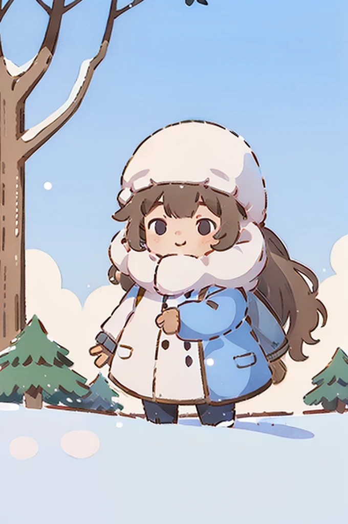 girl, long whitr hair, with a round face, largeeyes, down jacket, ssmile, 围巾, Winters, parks, yukito, White snow, The tree, snow cover, in a panoramic view, frontage