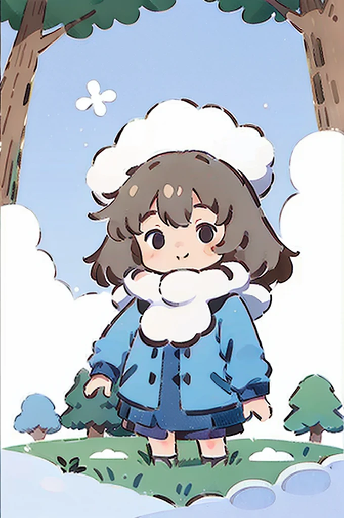 girl, long whitr hair, with a round face, largeeyes, down jacket, ssmile, 围巾, Winters, parks, yukito, White snow, The tree, snow cover, in a panoramic view, frontage