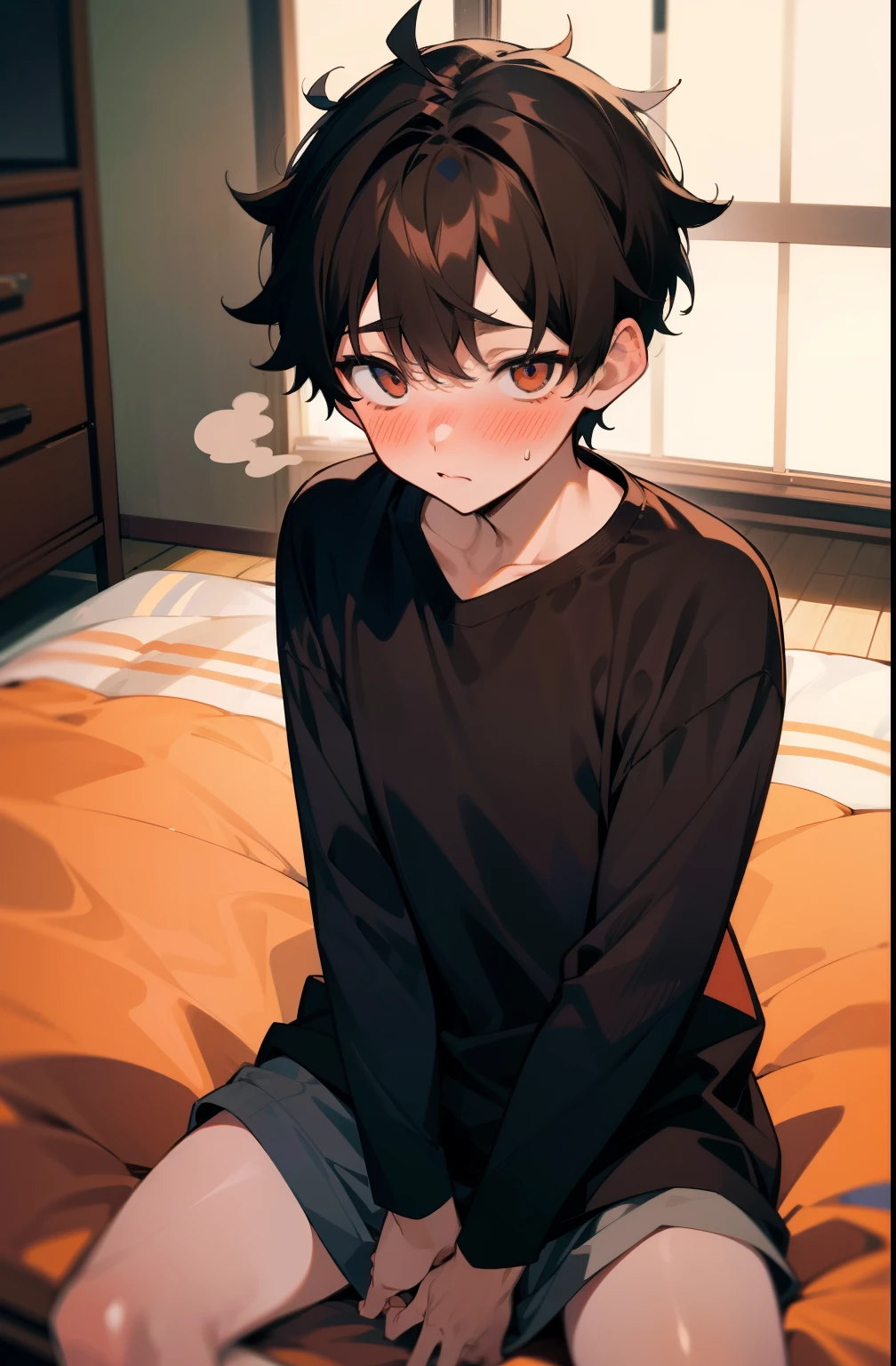 masuter piece,An ultra-high picture quality,Cute One Boy, smooth brown short hair,urinate while sitting on the futon, No person, red blush, Night, Shota