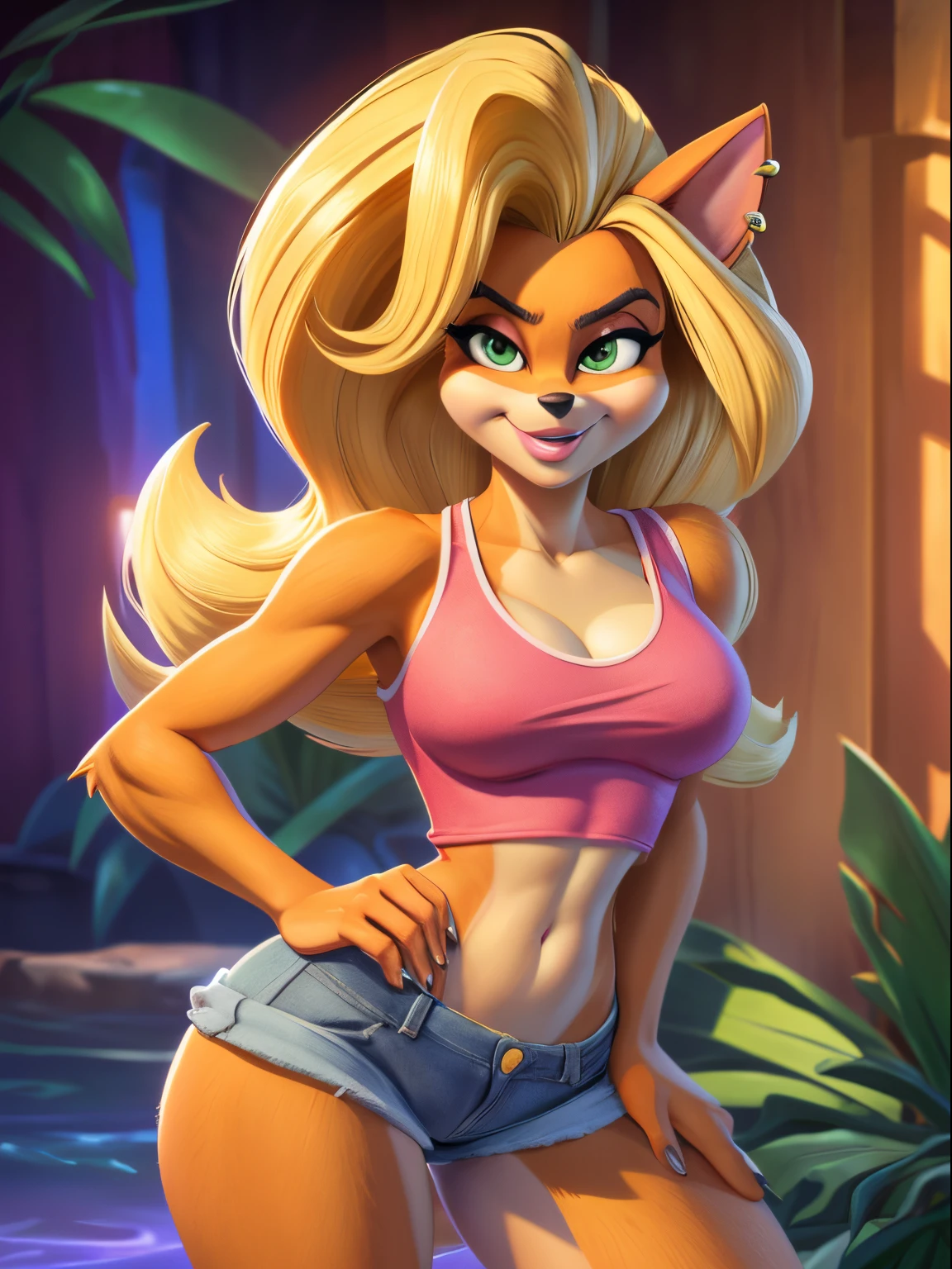 ((ultra quality)), ((tmasterpiece)), tawna bandicoot from Crash Bandicoot 4 , ((blonde woman)), ((there are only bandicoot ears)), (blue and yellow short hair tawna bandicoot), (earrings in the ears), (dark makeup), (Beautiful cute face), (beautiful female lips), Charming, (nose tawna bandicoot), ((sexy facial expression)), looks at the camera with a gentle smile, eyes are slightly closed, ((skin color red)), (there is cat hair on the body), Body glare, ((detailed beautiful female eyes)), ((dark green eyes)), (beautiful female hands), ((perfect female figure)), perfect female body, Beautiful waist, nice feet, black claws, Gorgeous hips, beautiful breasts, ((Subtle and beautiful)), seductively worth it, (tawna bandicoot clothes from Crash Bandicoot 4, wearing denim shorts, pink tank top) background: Jungle, ((Depth of field)), ((high quality clear image)), (crisp details), ((higly detailed)), Realistic, Professional Photo Session, ((Clear Focus)), the anime, NSFW