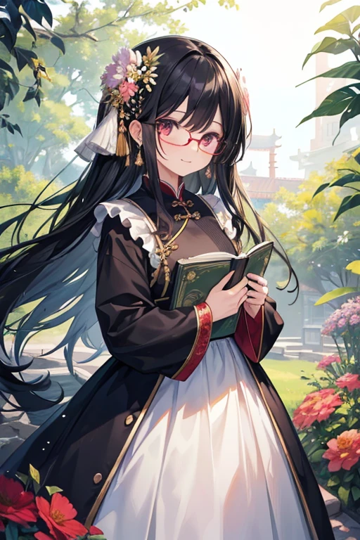 (tmasterpiece、top-quality、illustratio、Extremely high quality、high-level image quality、Extremely sensitive writing)A girl with long black hair standing in a garden with beautiful flowers、A slight smile、she has foreign books、Cute national costume style dress、The dress is Chinese style、the dress is black、Hair fluttering in the wind、eyes are red、I wear glasses、glasses are black、I have flower earrings in my ears