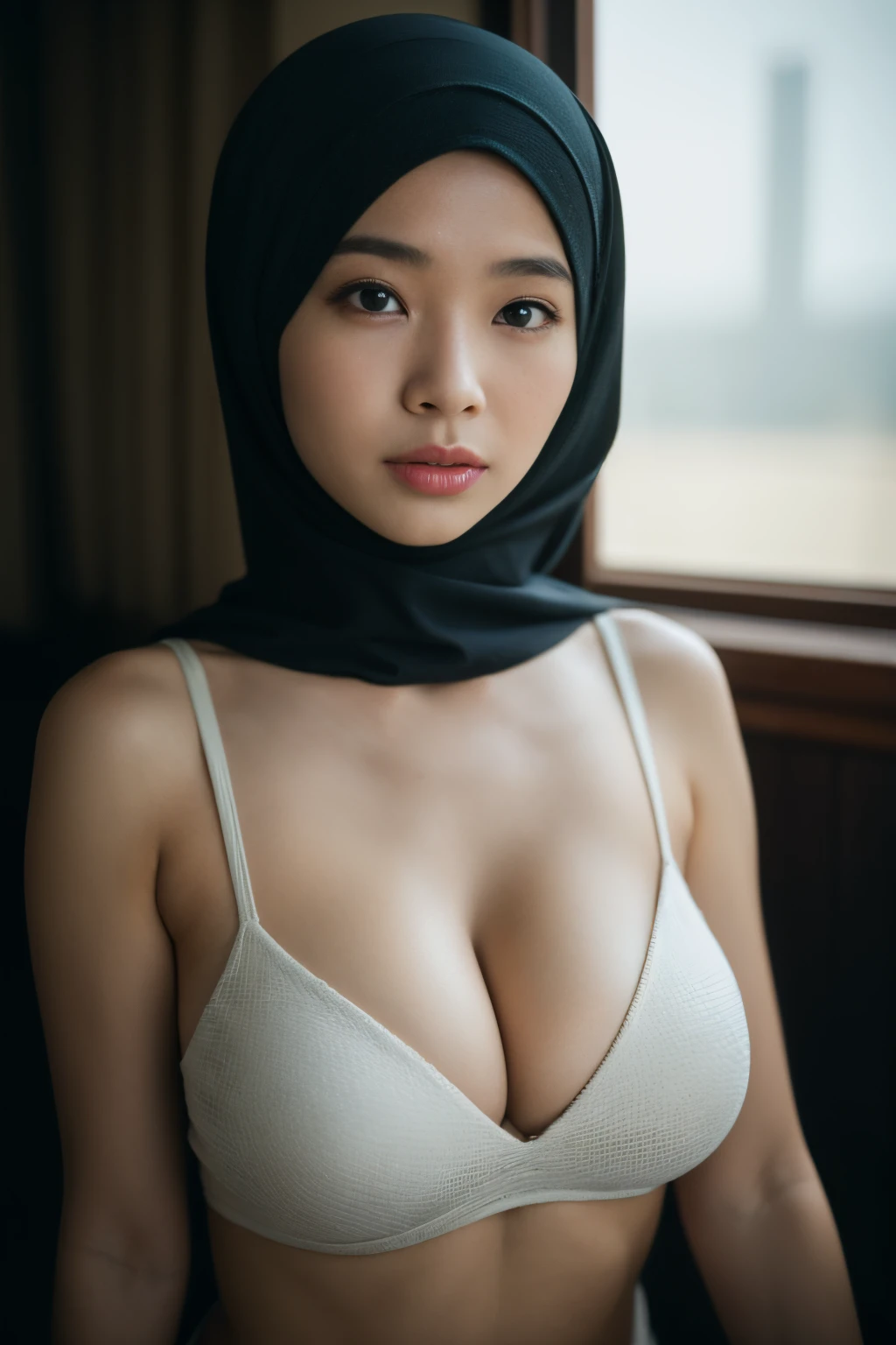 massive breasts, mongolian, (((hijabi))), cleavage, reflection light, chiaroscuro, depth of field, cinematic lighting, ray tracing, Sony FE GM, UHD, super detail, masterpiece, textured skin, high details, best quality, award winning,3D,hdr(HighDynamicRange),Ray traching,NVIDIA RTX,Hyper-Resolution,Unreal 5,Subsurface scattering、PBR Texture、post-proces、Anisotropy Filtering、depth of fields、maximum definition and sharpness、Many-Layer Textures、Albedo e mapas Speculares、Surface coloring、Accurate simulation octane rendering of light-material interactions、Two-colored light、largeaperture、Low ISO、White balance、the rule of thirds、8K raw data