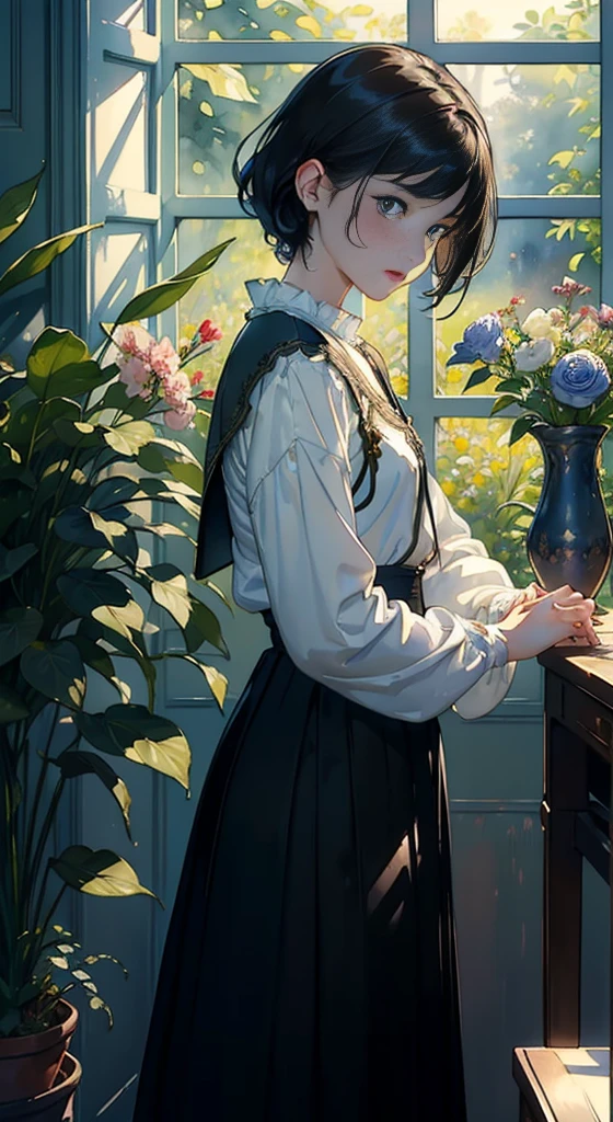 ((Watercolor by singer Sargent))、(top-quality、​masterpiece)、1girl in、sixteen years old、A stunning、((Detailed depiction of beautiful faces))、((Anatomically accurate depiction of hands and fingers))、Short black hair、tiny chest、校服、long  skirt、Botanical Garden、Flower Shop、The table、florals、window、houseplant、 The tree,