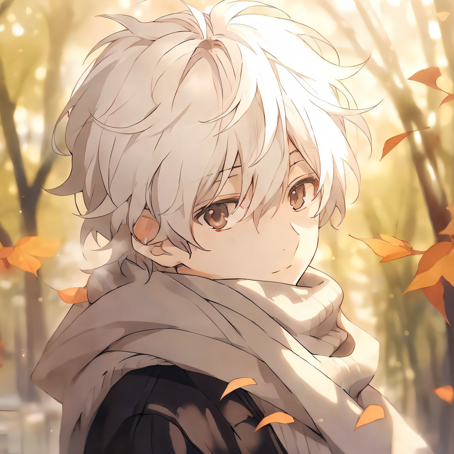 Anime style image of young man with white hair and scarf, 🍁 Cute big breasts, young anime man, White hair, Killua Zoldek Portrait, Killua Zoldyck brunette, messy wavy white hair, Hajime Yatate, kaworu nagisa, 🍂 Cute big breasts, White hair, Anime boys, Anime handsome avatar