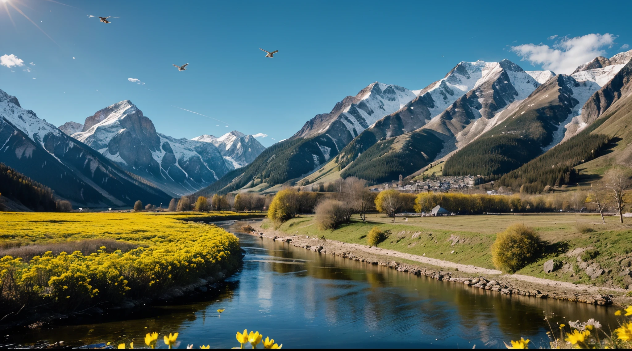 Generate a Landscape image of beautiful mountains, rivers, flowers, sun and birds. The image should look bright and mountain should be green