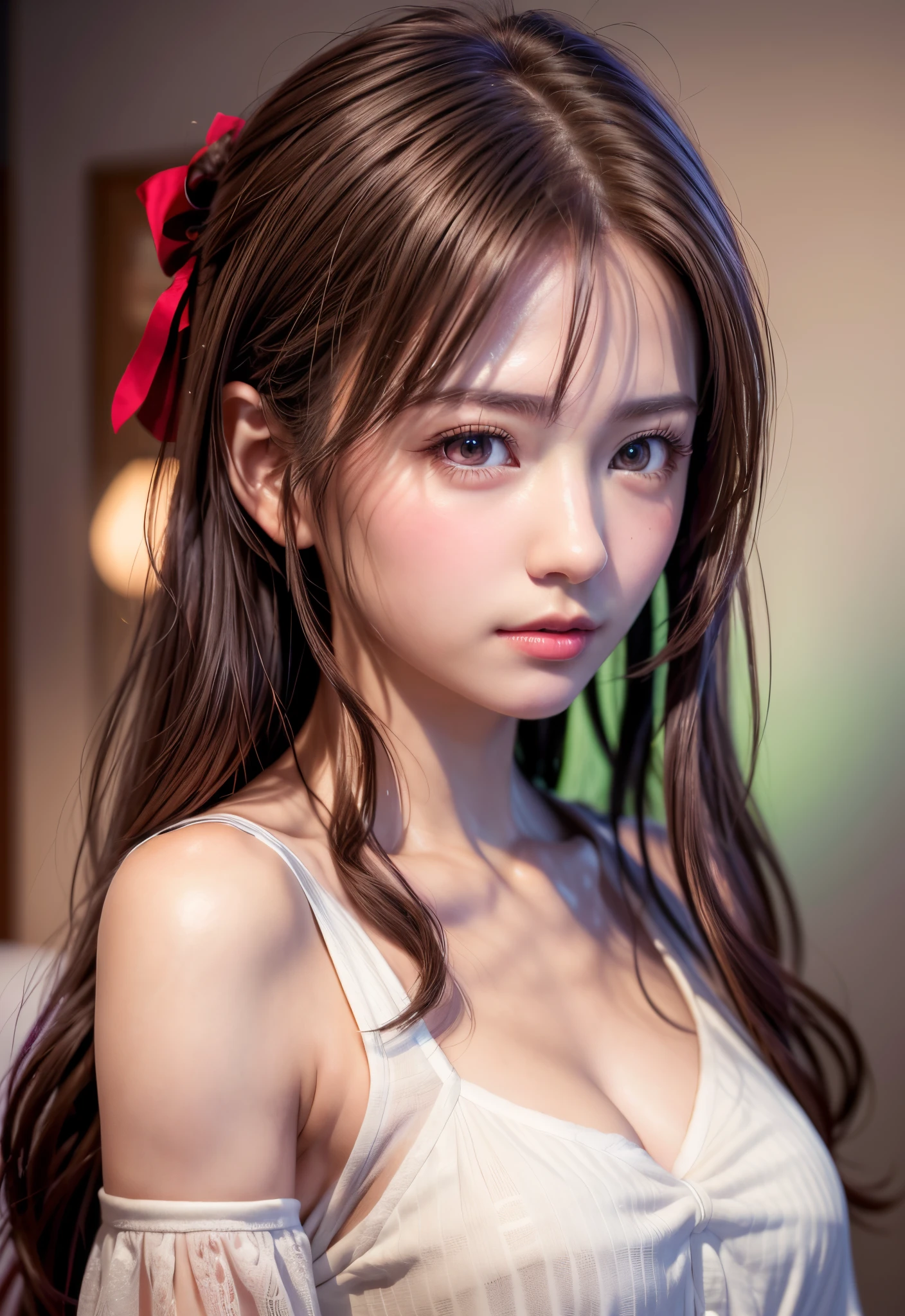 masterpiece, Best quality, Ultra detail, 8K RAW photos, Cinematic lights, Detailed shadows, RAW, (Detail skin), (Real:1.2), 1 girl, Japan girls, Double big beautiful eyes, Face, s old, Short hair, Pink gradient hair, Dark brown eyes,