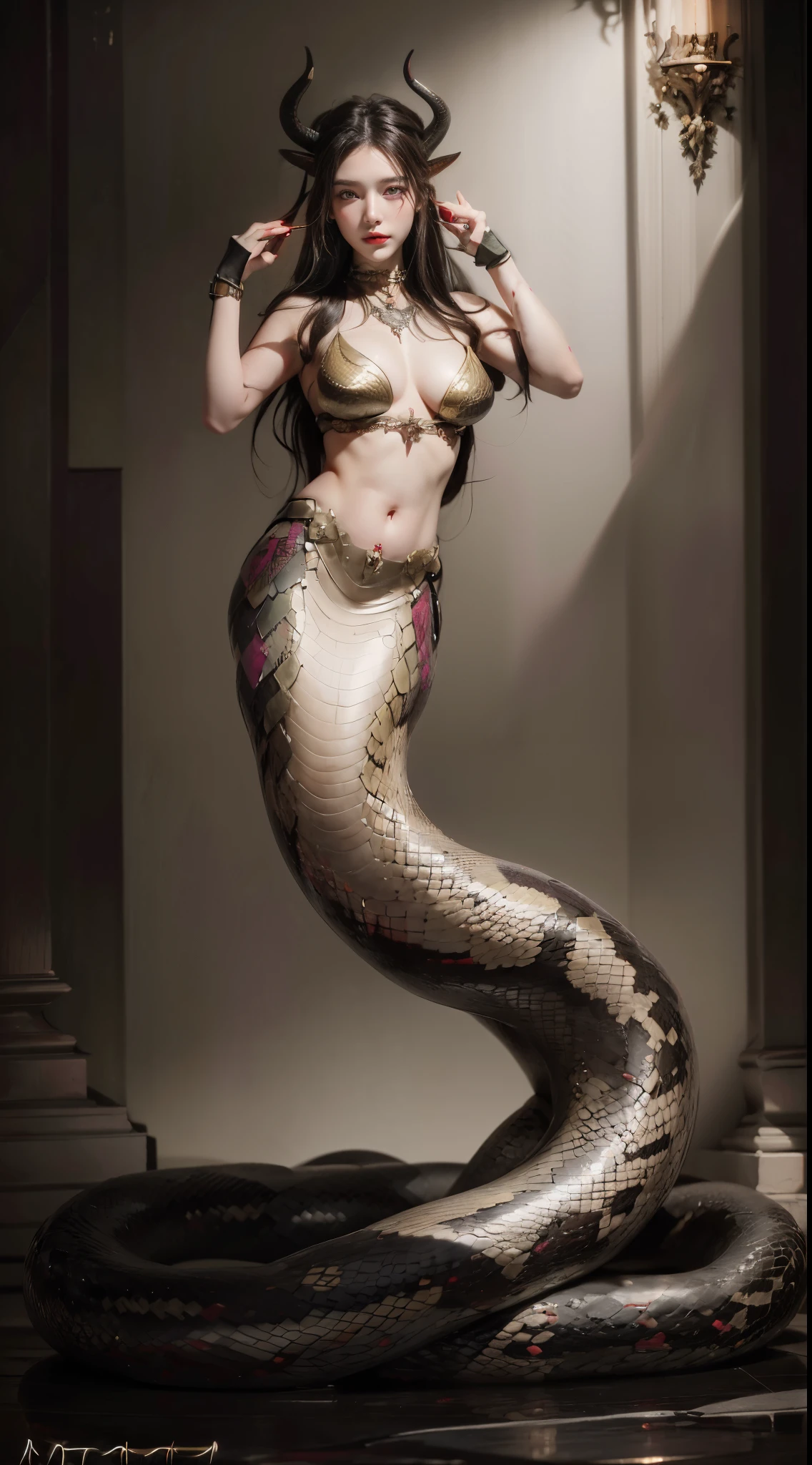 tmasterpiece，Best quality at best，RAW photos，A high resolution，art by apterus. queen of demons,has horns on its head, Medusa:1.3，（mermaids:1.2），（Elongated snake tail:1.3），once very beautiful, Sensual, enchanting,big chest and thin waist, Red long-haired, sharp black eyes,Redlip，raised head,（correct hand），（（snake scale body）），Full body photo，The lighting is dim (Olvik |)，ultraclear，8K