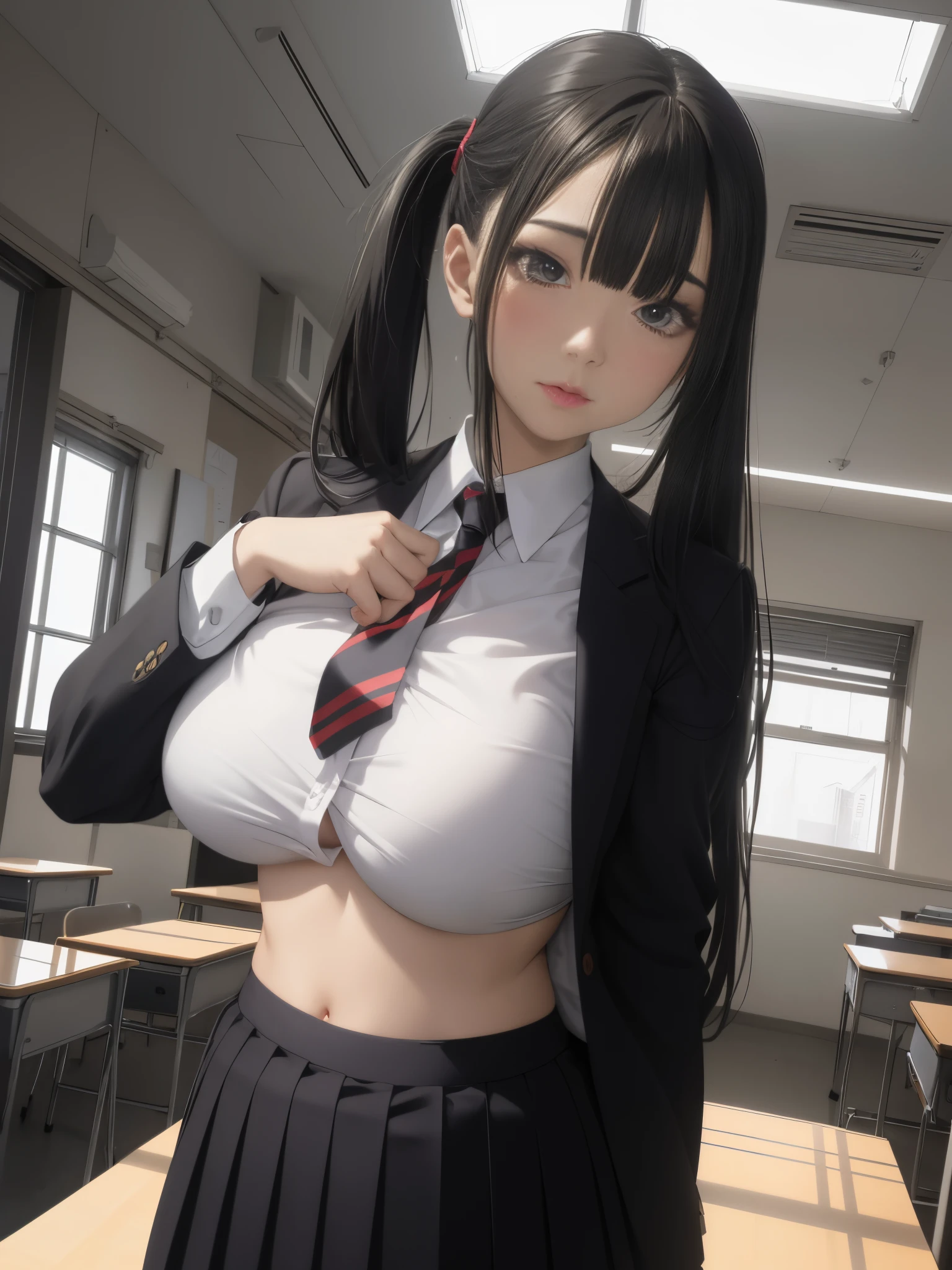 1Woman, Long hair, pony tail, parted lips, blusher, makeup, Annoying, bellybutton, underbreasts, school uniform, Classroom, school bag, light beams, Glow, thights, 鎖骨, Narrow waist, (Masterpiece), wallpapers,