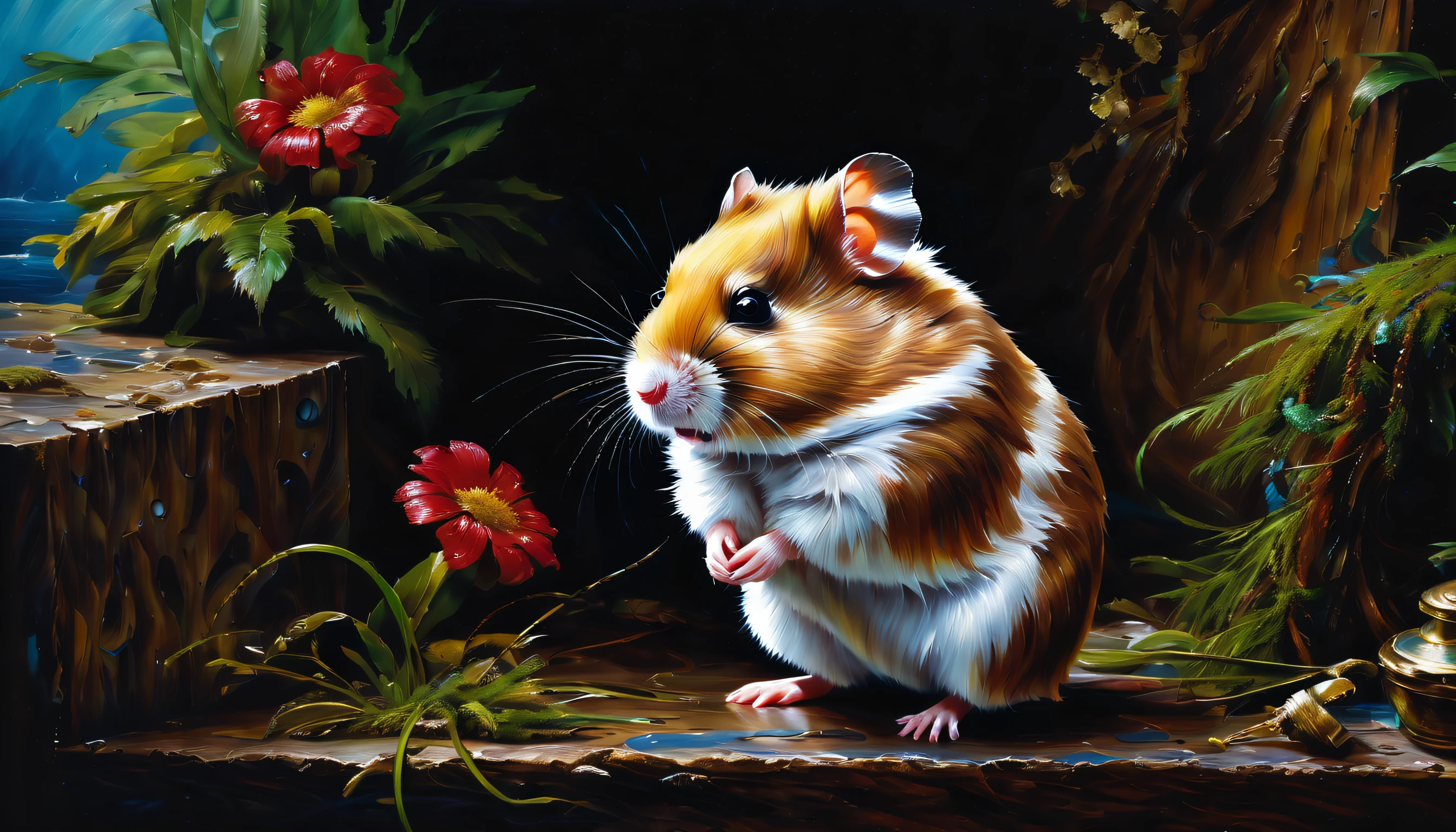 Experience the enchanting world of hamster adventures through finely crafted oil paintings, Each has its own style variations. Realism and a unique touch, Pictures bring stories to life, Immerse yourself in the complex and delicate adventures of a hamster, A beautiful oil painting, Amazing attention to detail and realistic brush strokes, Introducing hamsters through a variety of bold, visually illustrative paintings。, Brought to life through a variety of diverse oil paintings that visually illustrate dark fantasy, Each painting captures the essence of the journey, Illustrated in a series of amazing and diverse oil paintings, Showcasing the complexity and beauty of travel, Unique style of each painting, Dark Fantasy, eternal fantasy, fairy tail, Steampunk, Cybertechno,