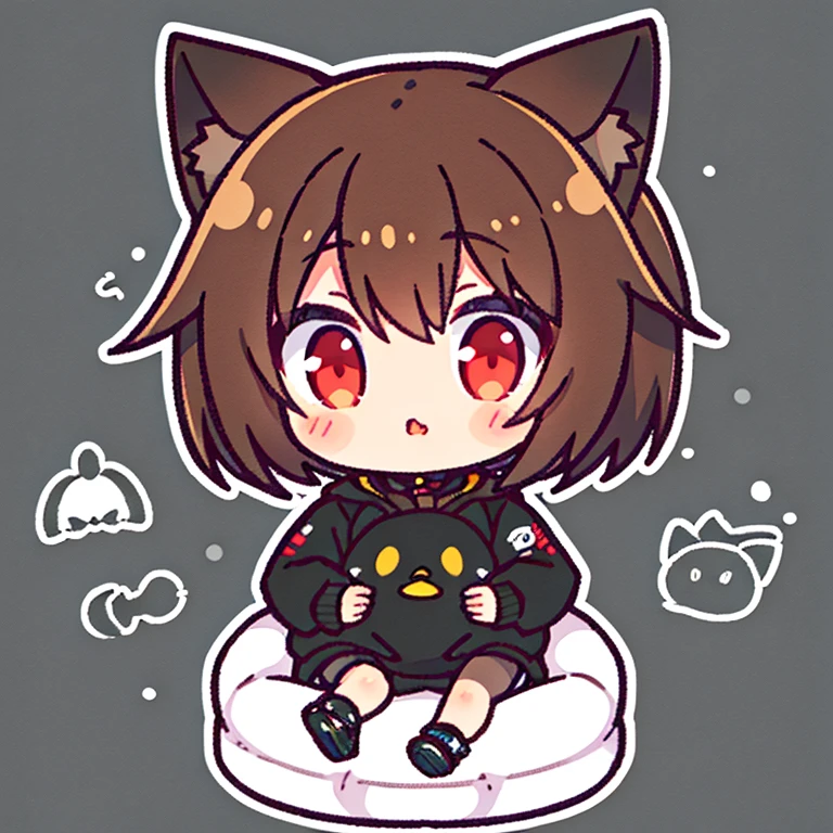 ligh brown hair, short haired girl, cat ear, Red Eyes, Black jumper with T1 written on it, penguin next to, black headset